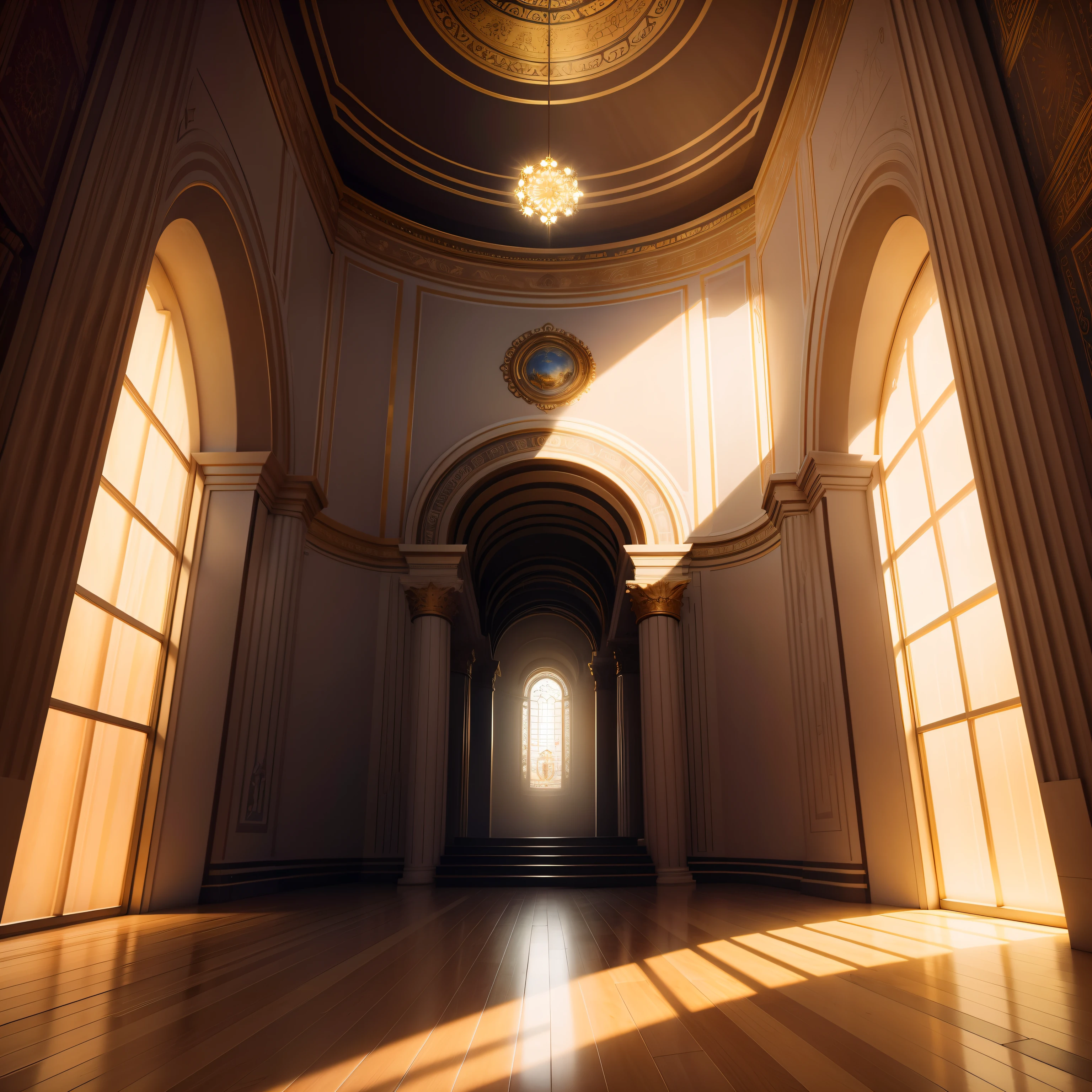 Imagine o interior de um templo celestial teto de vidro, realista, paredes de ouro, ultra HD, com ramagem na parede. EXTRAORDINARY