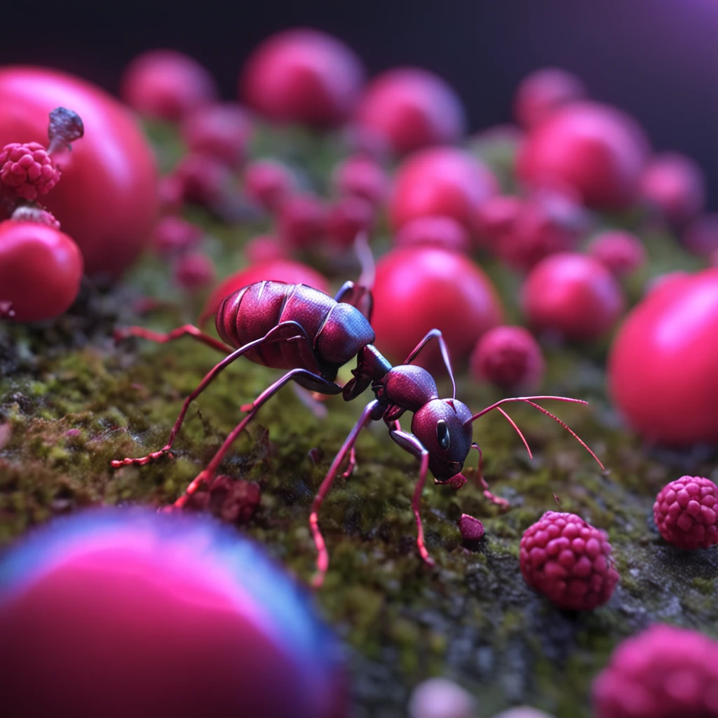 An ant drags a raspberry,Dreamy light,High-angle lens shooting,photorealistic cinematic render, Cinematic 3D rendering, realistic cgi render, Depicted as a 3D rendering
