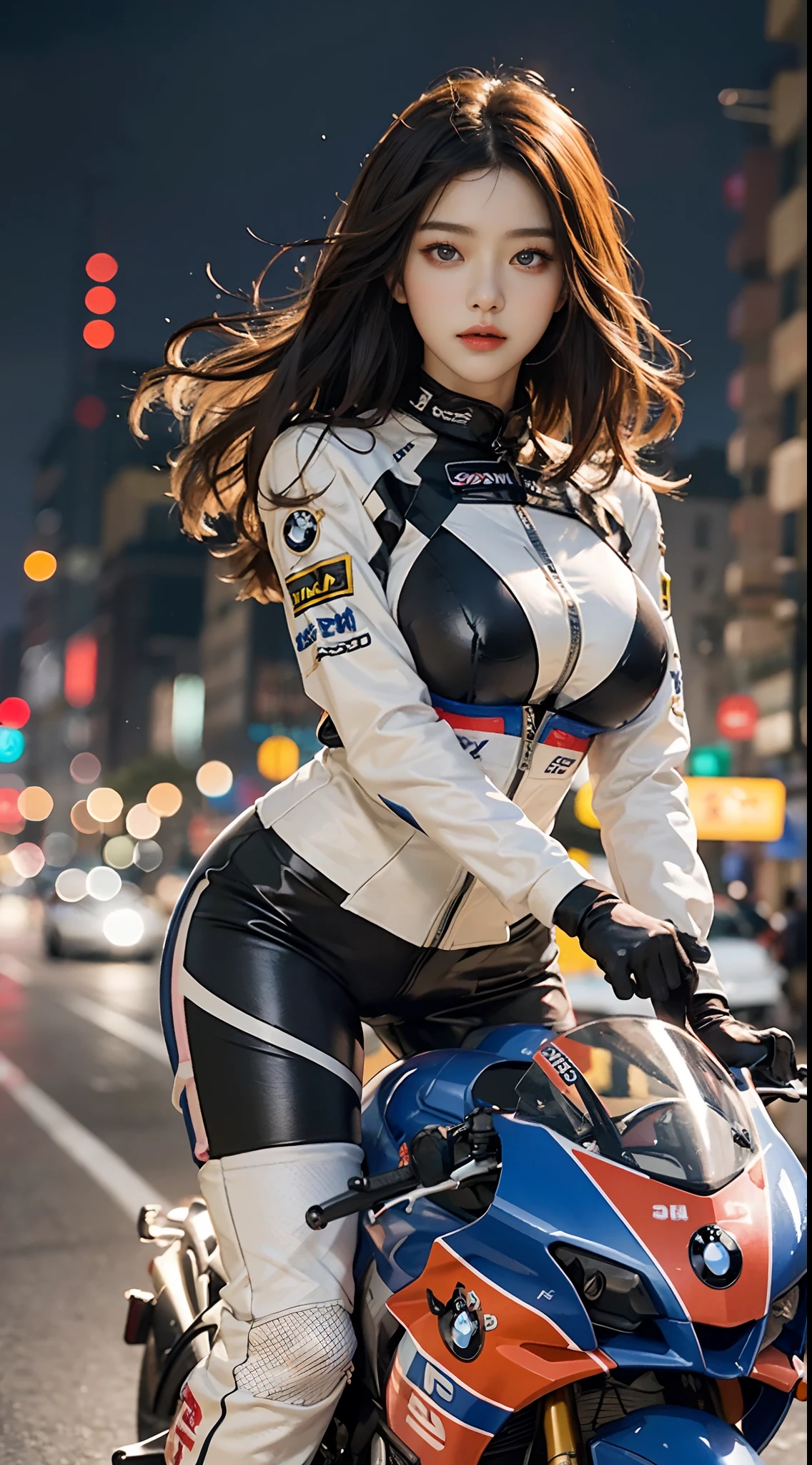 The highest image quality，Excellent detail，超高分辨率，（真实感：1.4），The best illustrations，Favor detail，Cinematic lighting，Highly concentrated，Korean celebrity love poster，1girll，exquisite and beautiful face，huge boob，Sexy and colorful racing suits，Long hair，Hair flying，Hold the direction controller，(BMW streamlined motorcycle race)，riding a motorcycle，Future city high-tech lighting scene at night。Detailed eyes，detailed nose，Detailed lips，Slender thighs，(Ultra-realistic skin texture)，White balance