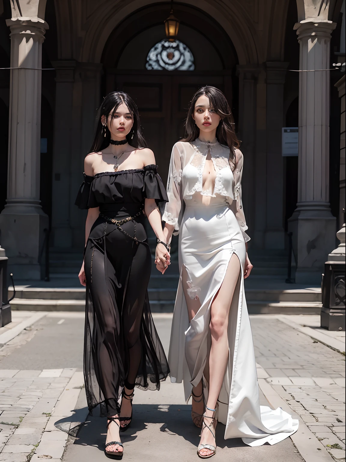 top quality picture　　　、Italy　、rome　、cathedral　、(((Middle-aged man in black))) 　、Salon　、
１５century　、Very luxurious long dress in silver color　 、is standing　　、(((two womens)))　　,　full body Esbian
　 　、Collar with rope　　、(((distressed look)))　、Thin ropes that bind the body、full body Esbian　、chains　　、 Black hair　　、 shining beautiful skin , Sweat, collar and chain accessories, beautiful black pupil and hair, Detailed expression　, beautidful eyes,