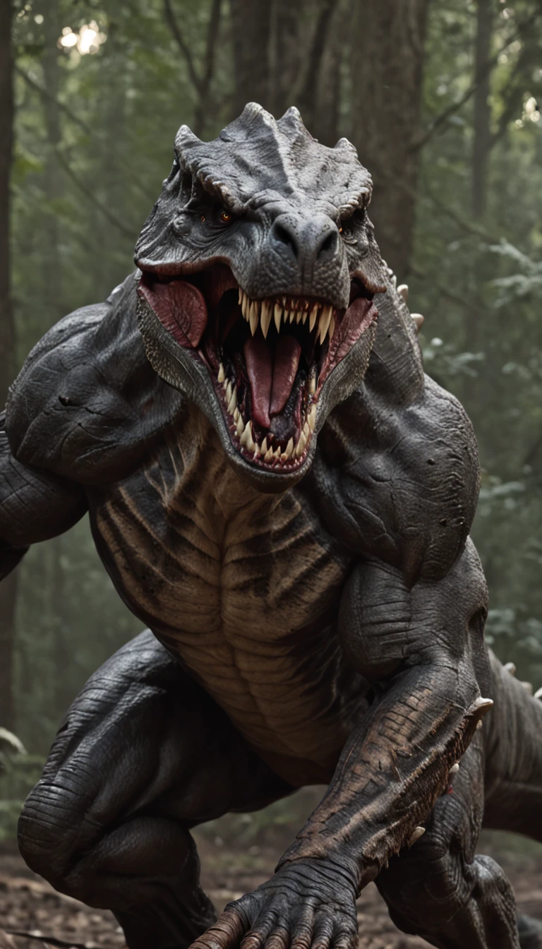 Create a very muscular bodybuilder practitioner tyrannosaurus with angry expression. He's holding a trophy, wearing black swim trunks in the style of the characters from the PIXAR studio.