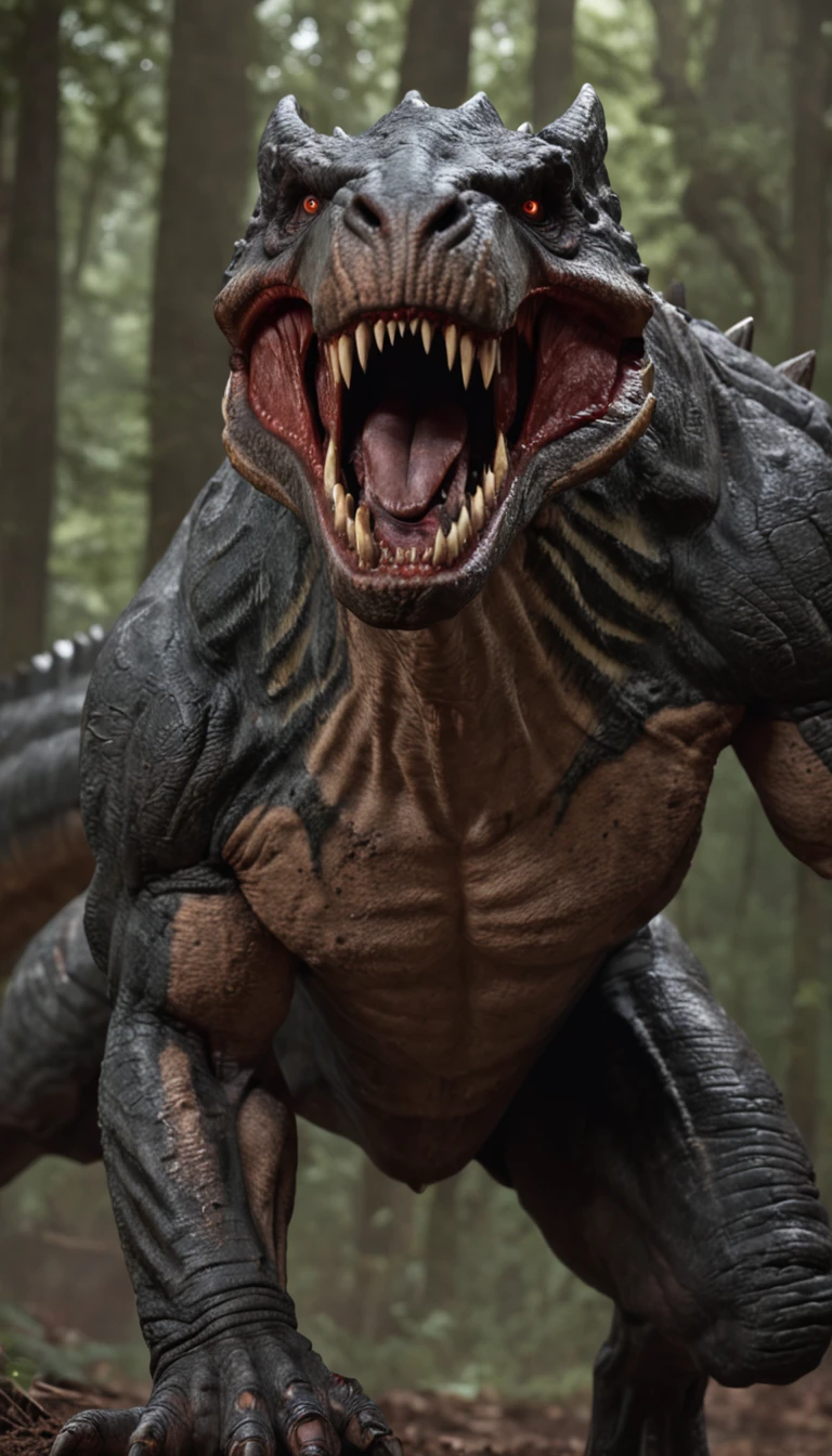 1 Wolf, Ride on, Savage, Fierce, (Man's), snarling, (Sharp fangs:0.9), (Glowing eyes:0.8), (Scars of battle:1.2), (war paint:1.5), leather armor, (Torn Cape:0.8), (Claw grip:0.9), Dinosaur, (tyrannosaurus rex:1.2), Large, (muscular body:1.3), (sharpteeth:1.2), (scales:1.1), (vivd colour:0.9), forest, (dark and mysterious atmosphere:1.3), (Spooky Shadows:1.1), (Dappled sunlight:0.8), intense action, (Roaring:1.2), (Ferocious winds:1.1), (Rustling leaves:0.9), (Dinosaur Road:0.8), (Dirt and mud:0.7), (Falling leaves:0.7), (Dense Foliage:0.6), epicd, Powerful, Thrilling, Adventurous