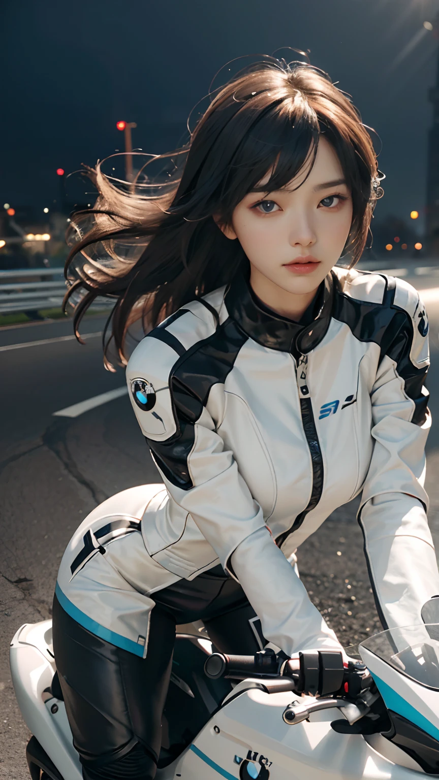 The highest image quality,Excellent detail,超高分辨率,(真实感:1.4),The best illustrations,Favor detail,Cinematic lighting,Highly concentrated,Korean star,1girll,exquisite and beautiful face,huge boob,Sexy pink white translucent racing suit,Long hair,Hair flying,Hold the direction controller,(BMW streamlined motorcycle race),riding a motorcycle,the background is a high-tech lighting scene of the city of the future。Detailed eyes,detailed nose,Detailed lips,Slender thighs,(Ultra-realistic skin texture),White balance