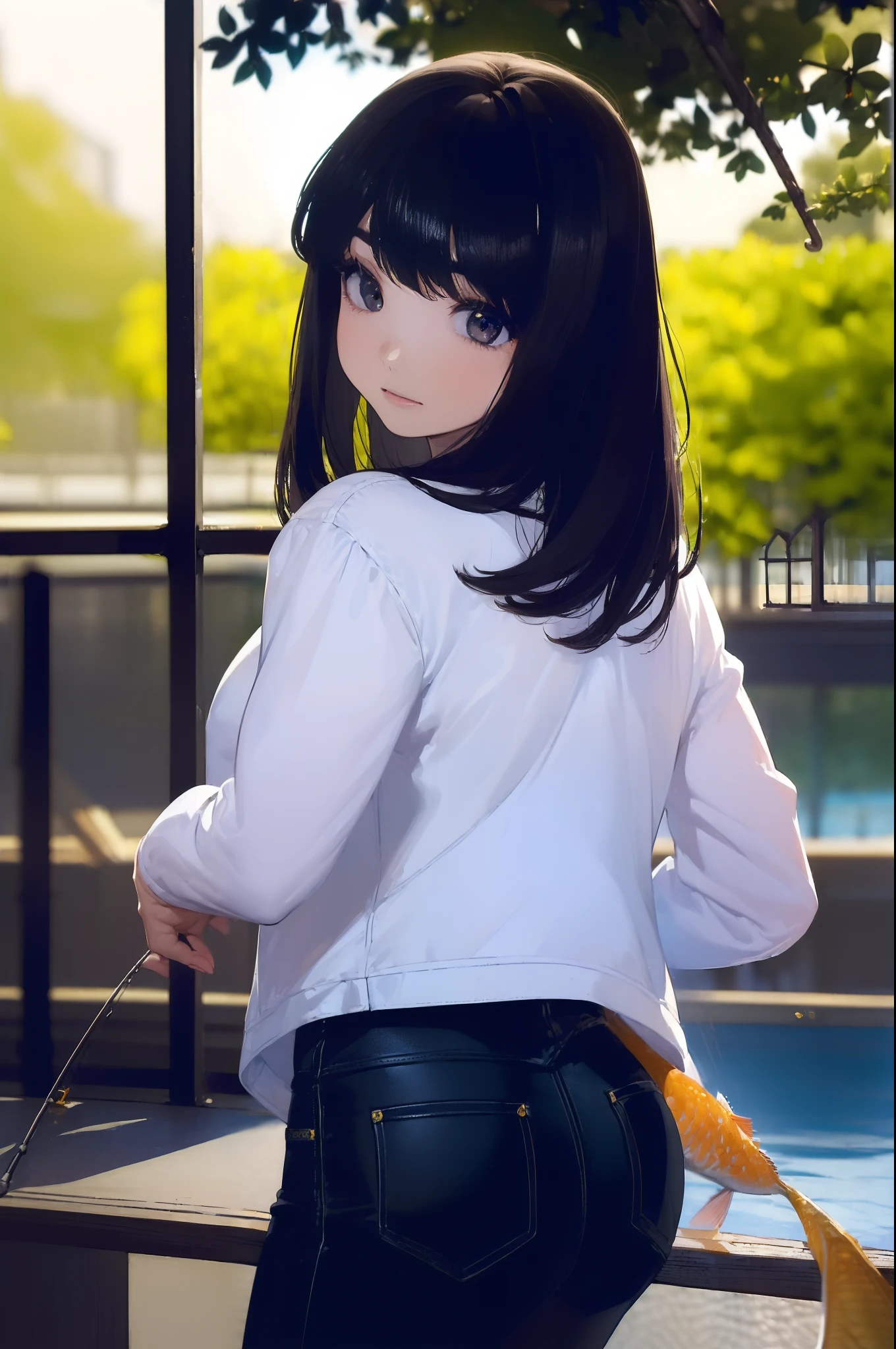 ((((Catching a big fish by the lakeside:1.5)))),((Female 28 years old)),((Best Quality:1.5)),(((Hands with the correct number and structure of fingers:1.4))),((Big fish:1.37)),hight resolution,ultra-detailliert,masterpiece,best qualtiy,(Eight-headed body),Black hair, long eyes-lashes, Solid Circle Eyes, drop shadow, Atmospheric perspective,Super Detail, ccurate, small brest,(Black jacket and black jeans :1.1),top-quality, blurry backround, bokeh dof:1.2, (masterpiece:1.3), Atmospheric perspective,Super Detail,dynamic compositions,