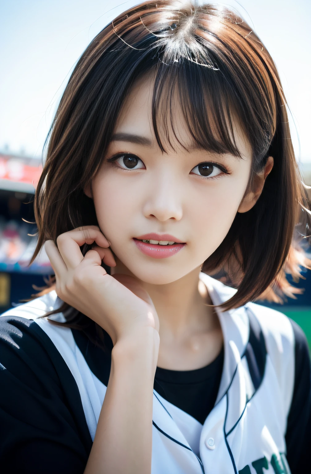 (8K, Raw-Photo, Top Quality, masterpiece: 1.2), masterpiece, super detaill, 超High Resolution A, (realistic and realistic photo: 1.37), High Definition RAW Color Photography, very delicate and beautiful., ighly Details, 8K wallpaper, astonishing, The Details, very detail eyes, highlydetailed skin, extremely detailed fingers, extremely detailed nose, highly detail mouth, perfect anatomia,1girll, (Baseball Uniforms), hazy, blured background, blurred foreground, blush, Braid, pectorals, depth of fields, Eyebrows Visible Through Hair, Frild, Hair between eyes, baseball stadium, jewellery, looking up at viewer, Short hair, Solo, tits huge、乃木坂アイドル、韓国アイドル、hposing Gravure Idol、pornstar、18 years-old、Tall、韓国アイドル、乃木坂アイドル、pornstar、hposing Gravure Idol、((s whole body)), ((Gravure Pose)), ((Saxie pose)), ((full bodyesbian))