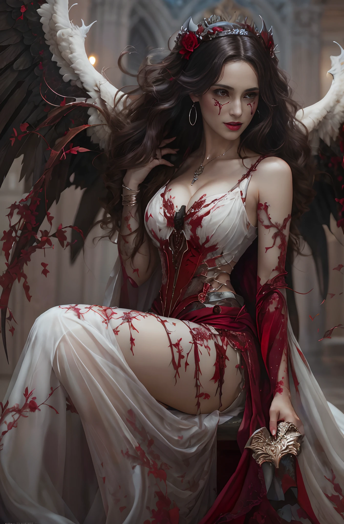 Mujer arafed con un vestido blanco con alas y sangre en su cuerpo, Vampiro alado cuervo, dark fantasy style art, Hermosa y elegante reina demonio, Beautiful succubus, graphic artist magali villeneuve, por WLOP, Arte de Wlop, WLOP |, Ganador del concurso CGSOCIETY!!, Ganador del concurso CGSOCIETY, Ganador del concurso CGSOCIETY!!!