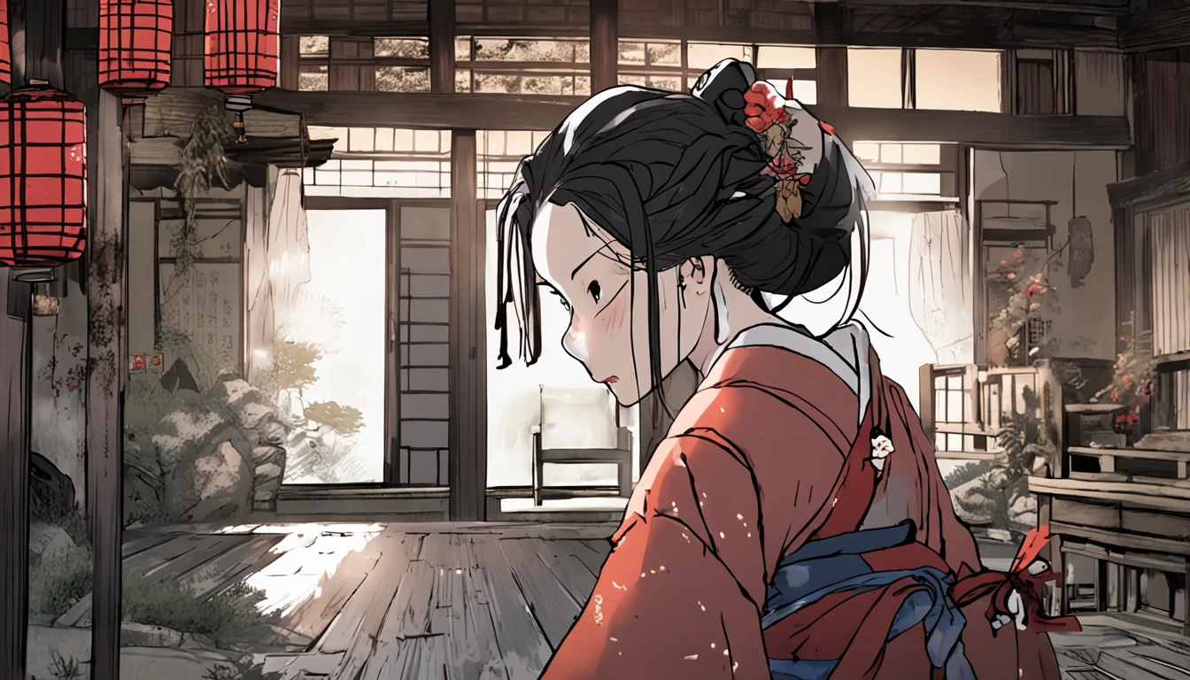 (japanese horror:1.5), Woman with dark hair, Angry eyes, Kimono, disheveled hair, pale skin,Traditional Japan houses, Ruins:1.3,Candlelight only,Coarse grain, Melted face, rotting skin, darkness,The Darkness (Film grain:1.3, 8K, awardwinning, Best Quality), hight resolution, Super Detail, high details, Anatomically correct, nffsw, (masutepiece:1.3)