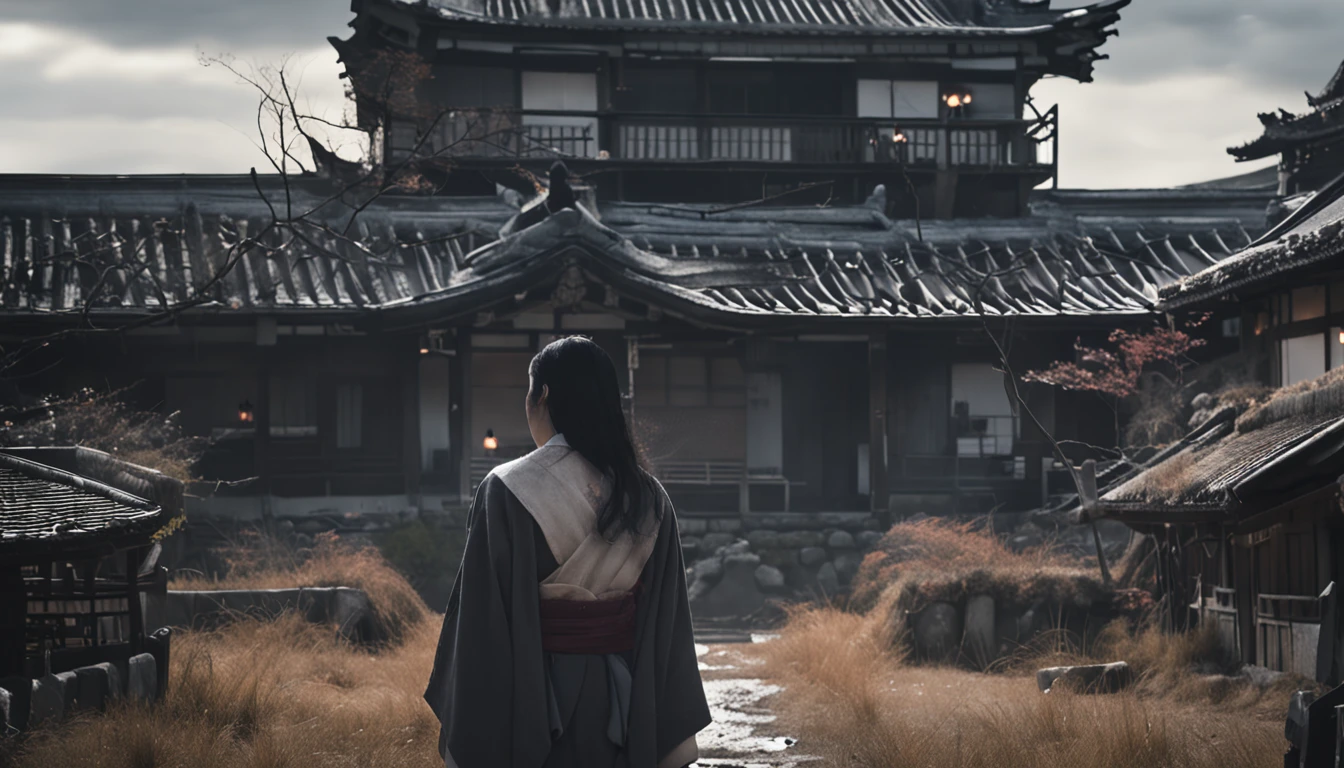 (japanese horror:1.5), Woman with dark hair, Angry eyes, Kimono, disheveled hair, pale skin,Traditional Japan houses, Ruins:1.3,Candlelight only,Coarse grain, Melted face, rotting skin, darkness,The Darkness (Film grain:1.3, 8K, awardwinning, Best Quality), hight resolution, Super Detail, high details, Anatomically correct, nffsw, (masutepiece:1.3)