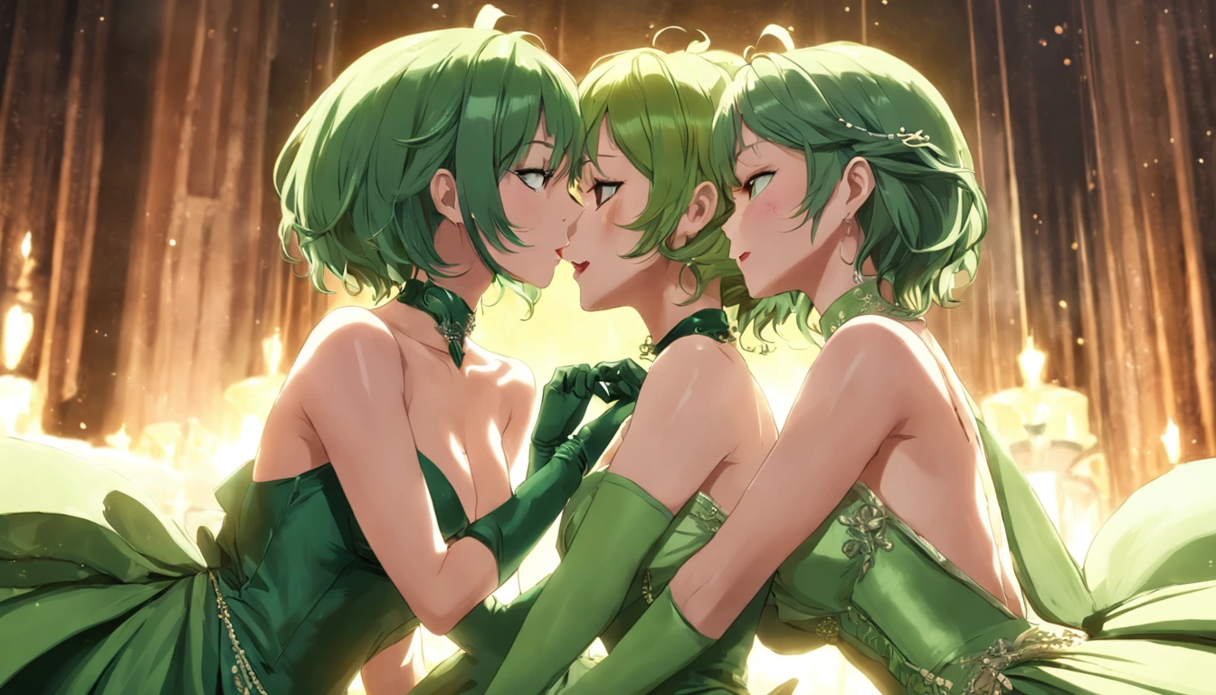 Sexy lesbian couple make, Passionate, making love, Green Satin Long Gloves, Green Wedding Dresses, Green shorthair, lipsticks, the kiss, bride, Green Pearl Necklace, Green Bride, lesbian