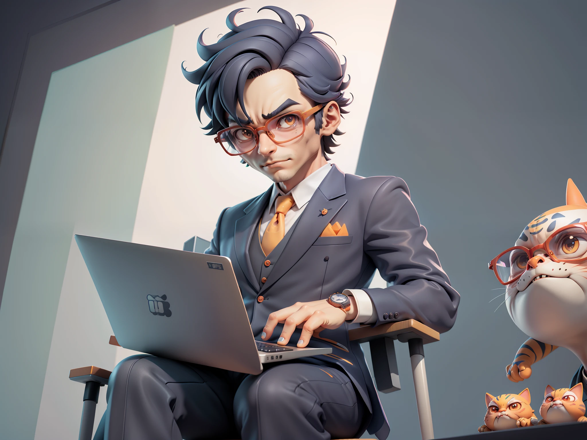 A young man in a suit, Short hair and glasses sat at his desk，holding laptop，digitial painting，tigre，3D character design by Mark Clairen and Pixar and Hayao Miyazaki and Akira Toriyama，4K HD illustration，Very detailed facial features and cartoon-style visuals。