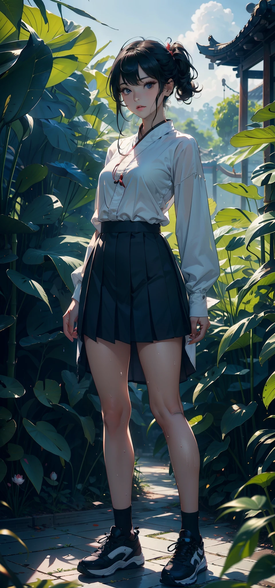 1female，3 years old，bit girl，Small loli，huge-breasted，Pornographic exposure， 独奏，（Background with：bamboo forrest，lotuses，lotus flower，exteriors，Lotus pond） She has short black hair，Qi bangs，Doll head，standing on your feet，Sweat profusely，drenched all over the body，seen from the front， hair straight， mostly cloudy sky，（（（tmasterpiece），（Very detailed CG unity 8K wallpaper），best qualtiy，cinmatic lighting，detailed back ground，beatiful detailed eyes，Bright pupils，Black eyes，（Very fine and beautiful），（Beautiful and detailed eye description），ultra - detailed，tmasterpiece，）），facing at camera，A high resolution，ultra - detailed），revealing breasts，Bare genitalia，  Bulge，legs are open，Raised sexy，Camel toes，Flushed complexion，Open-mouthed，frontage，elementary student，（Black baseball jacket，Slave girl collar，Sailor uniform，pleatedskirt，black sneaker shoes，nakeness）Full body photo，Show shoes
