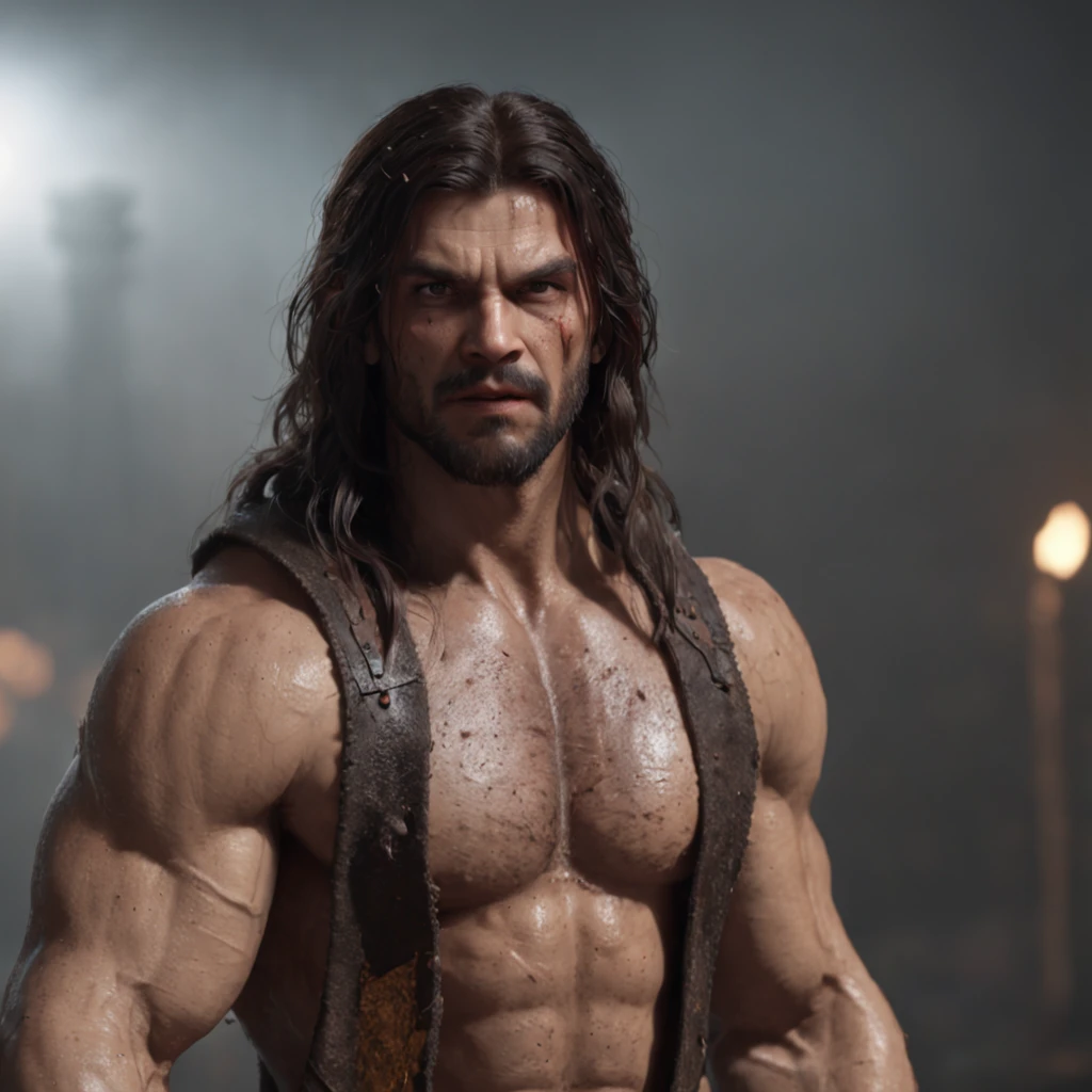 (professional 3d render:1.3) af (Realistic:1.3) most beautiful artwork photo in the world，Features soft and shiny male heroes, ((Epic hero fantasy muscle man rough wet hero angry look long hair short beard and ferocious expression in dynamic pose, Fantastic location, Majestic cluttered environment)), full body 8k unity render, action  shot, skin pore, very dark lighting, heavyshading, Detailed, Detailed face, (vibrant, photograph realistic, Realistic, Dramatic, Dark, Sharp focus, 8K), (Old leather garments damaged by weathering:1.4), ((((Wear fur)))), (Intricate:1.4), decadent, (Highly detailed:1.4), Digital painting, rendering by octane, art  stations, concept-art, smooth, Sharp focus, illustration, Art germ, (loish:0.23), wlop ilya kuvshinov, and greg rutkowski and alphonse mucha gracias, (Global illumination, Studio light, volumettic light), heavy rain, particles floating, lotr, fantasy, elf, full bodyesbian, ((Dark and ancient city background:1.3)),CGSesociety,art  stations