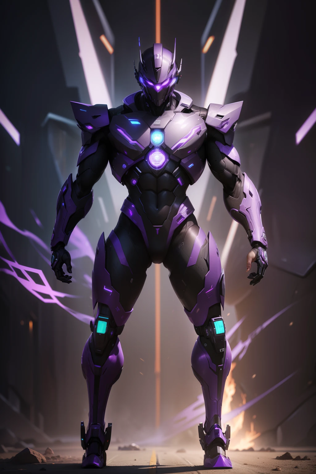 Portrait (1male people), (((Full body))), (Mecha futuristic purple and black sci-fi bodyplug suit), (Mechanical Future Purple Head Plug Mask), Realistic, Sharp focus on chest, Highly detailed, Convoluted, Photography, hyper realisitic, Dramatic Lighting, Doing karate、Pitch black background