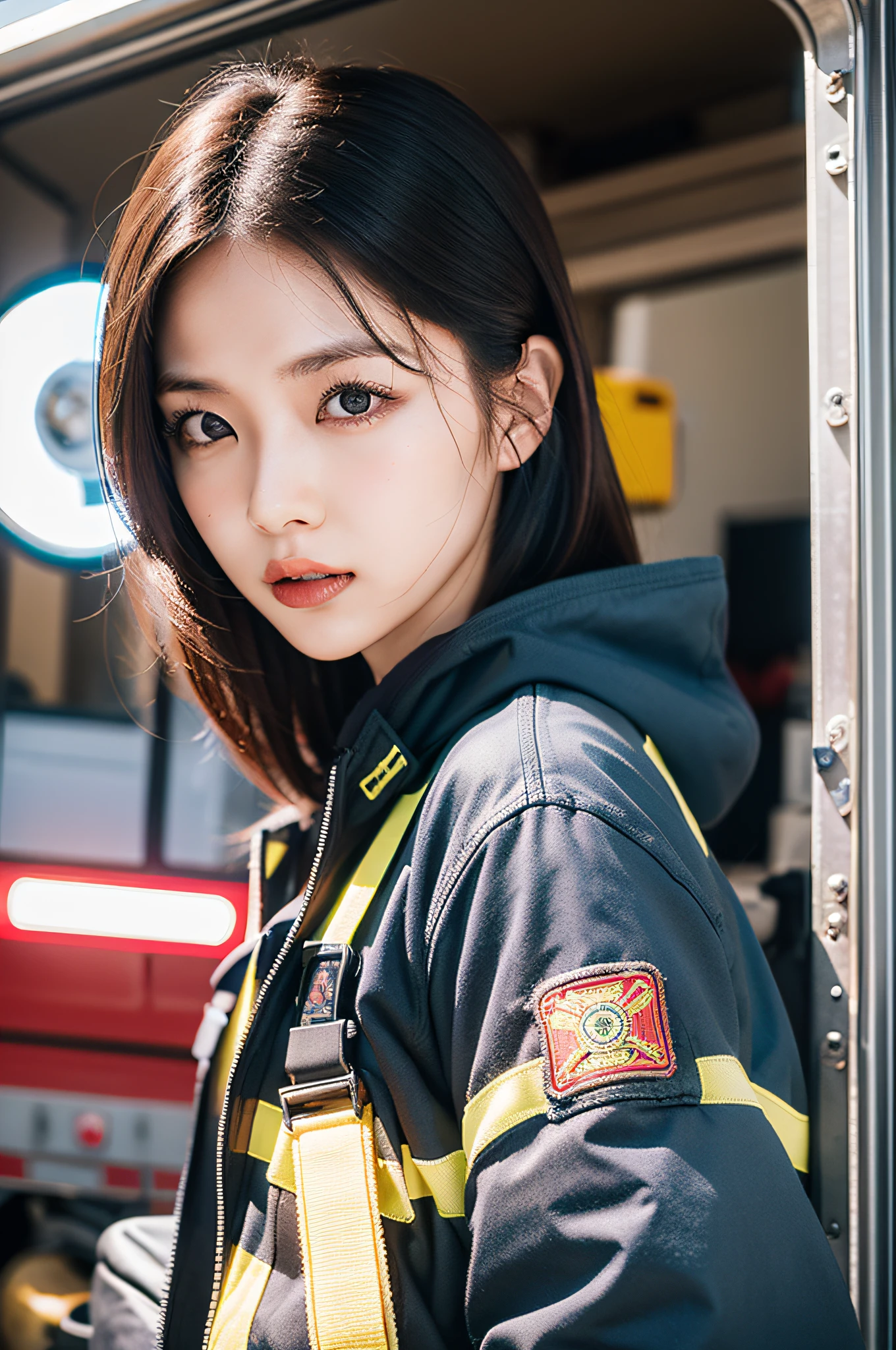 Fire truck on background、Imagine a scene with Eri Kamei, Dressed as a firefighter, ready for action. Content: Eri Kamei, Decorated with firefighter attire, Bring an emergency medical kit by her side, Bustling emergency scene in the background. Medium: Photography. Style: A blend of realism and idol charm, Get inspired by Japan idol magazines. Lighting: Combination of emergency scene ambient light and Eri Kamei's soft spotlight. Colors: Highlight the contrasting red of the firefighter uniform and the cool blue of the emergency light. Composition: Choose a high-resolution 16K camera, Probably Nikon D850 or equivalent, With 50mm lens、While concentrating on the subject、Captures a wider scene. Shots must be intricately detailed, Capture the urgency of the moment. --ar 16:9 - V5.1 --Style raw --Q 2 --S 750