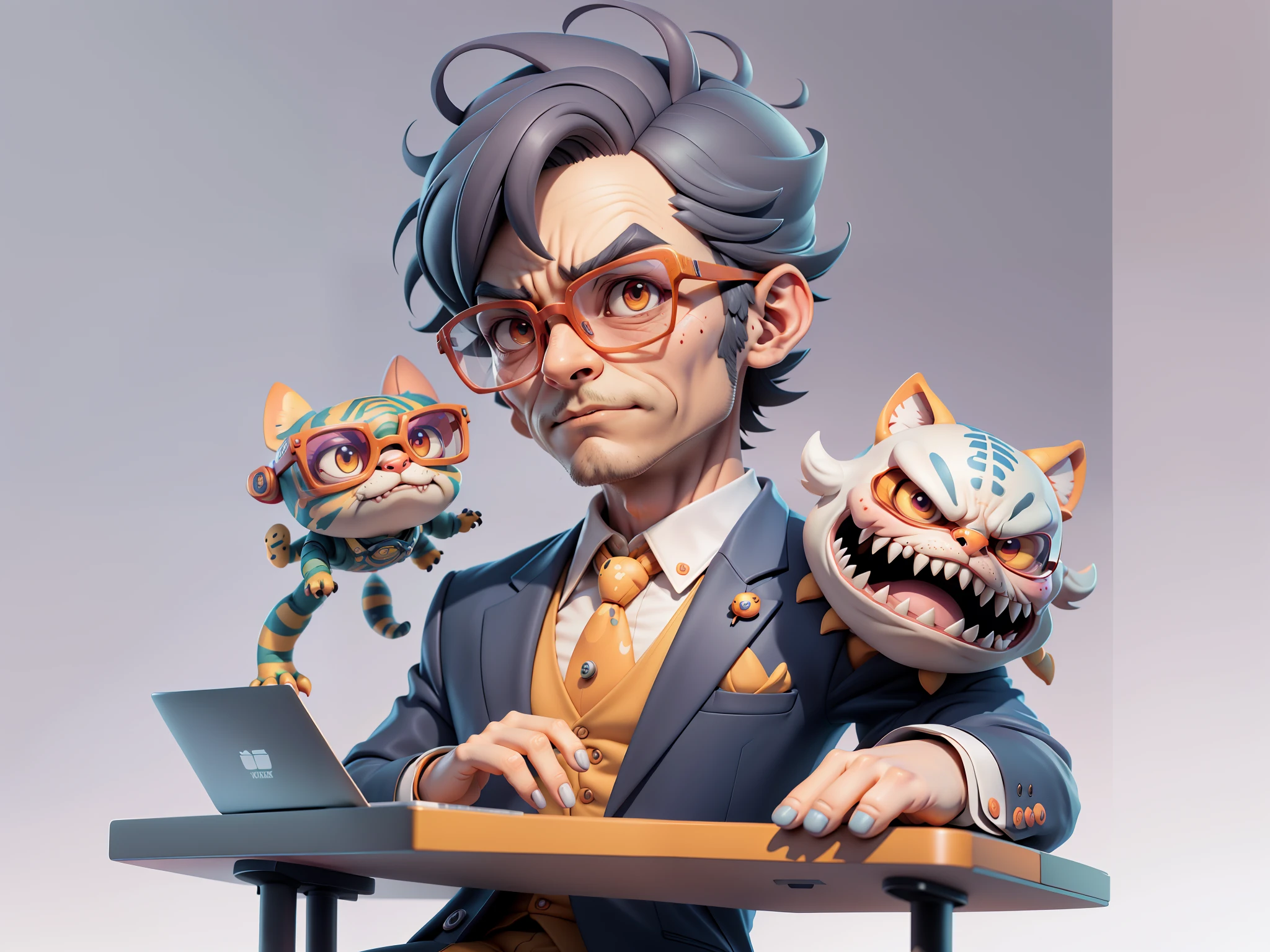 A young man in a suit, Short hair and glasses sat at his desk，holding laptop，digitial painting，tigre，3D character design by Mark Clairen and Pixar and Hayao Miyazaki and Akira Toriyama，4K HD illustration，Very detailed facial features and cartoon-style visuals。