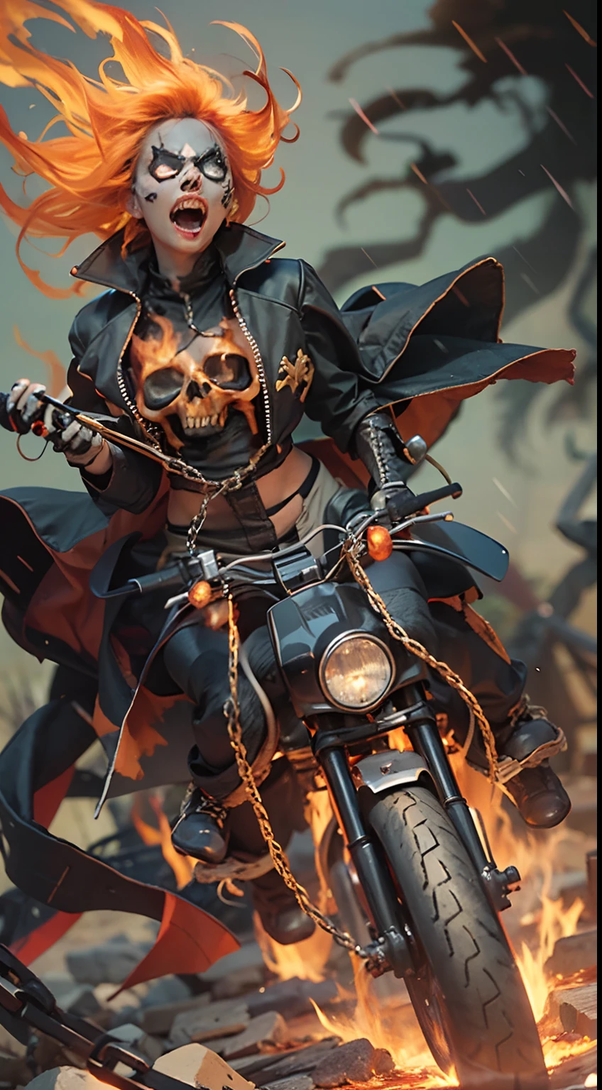 Female version of Ghost Rider, (Ghost Rider),A superhero under the Marvel Comics umbrella,The image is usually a burning human skeleton、Wear leather clothing、Heroes in chains,And get on a flaming motorcycle,Fight evil enemies everywhere。Flames flutter in the wind,The burning skull speaks of his immense hatred,He gave his soul to hell,Surround your filthy body with poisonous fire and chains,In his fiery eyes,You see your own sinful life,That manic laughter devours your entire soul。Ride a spooky Harley for the night,Walk between hell and earth,The roar of the motor is accompanied by an angry roar,What remains is a line of fire that attracts light and darkness。Everywhere the motorcycle passes, It will be a mess,There will also be fire marks on the road。Influenced by supernatural forces,The deep flames of hell,Will directly cover the whole body of the Evil Spirit Knight,After the flesh and blood were burned,It took the form of hellfire。If you don't wear clothes,Skeleton and fire do not make the character visible,If you put on clothes,It can show a part of the body in human form,And better than the host body in human form。Hellfire can scorch anything as the Ghost Rider himself wishes,Or something that won't hurt any evil spirit knights。huge tit,Thin waist and thick hips,long leges,Sexy figure,