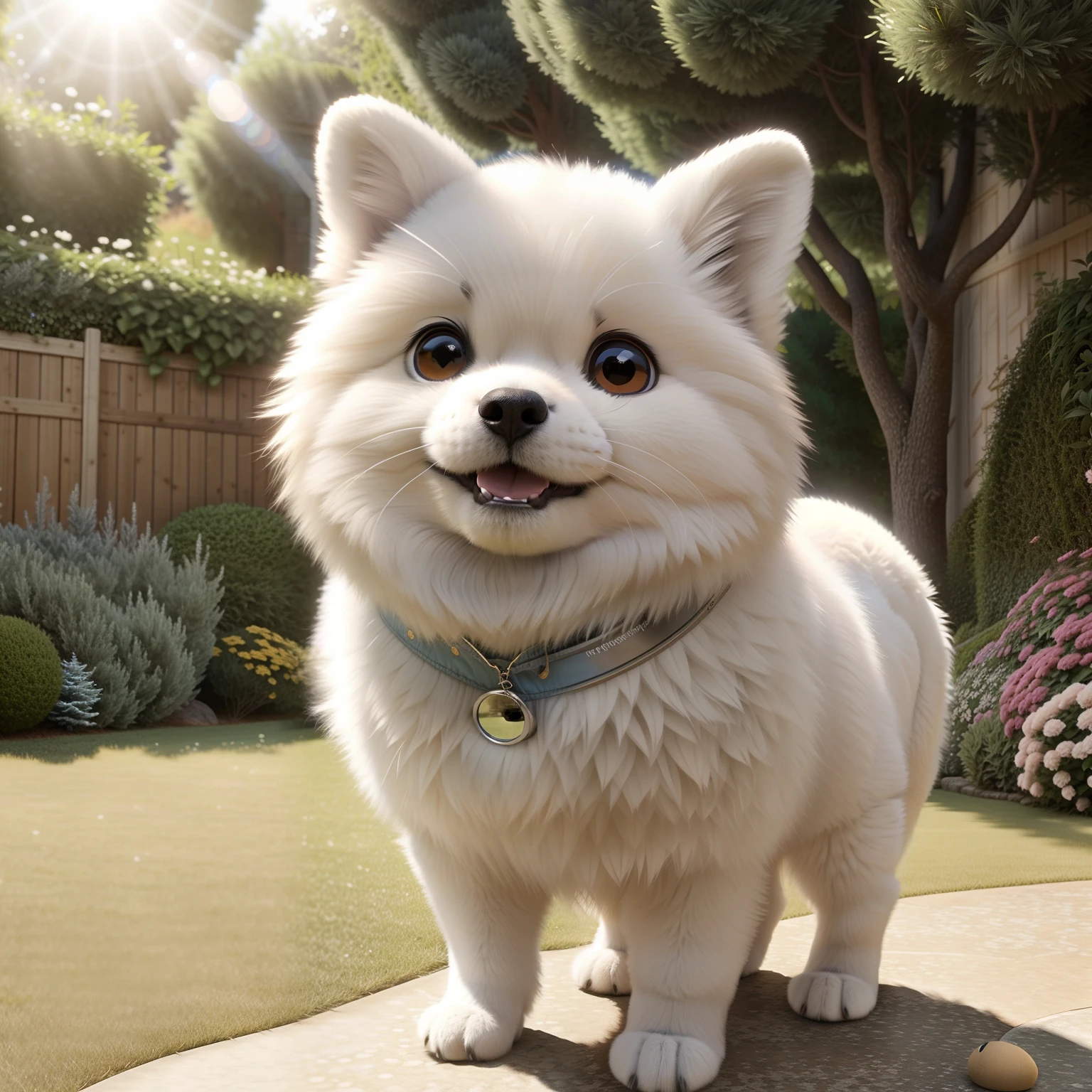 3d flufly , realistic adult samoyede, gros plan mignon et adorable, cute big circular reflective eyes, Rendu Pixar, Unreal Engine Cinematic Smooth, intricate high detail, cinematic, Jouer dans le jardin,