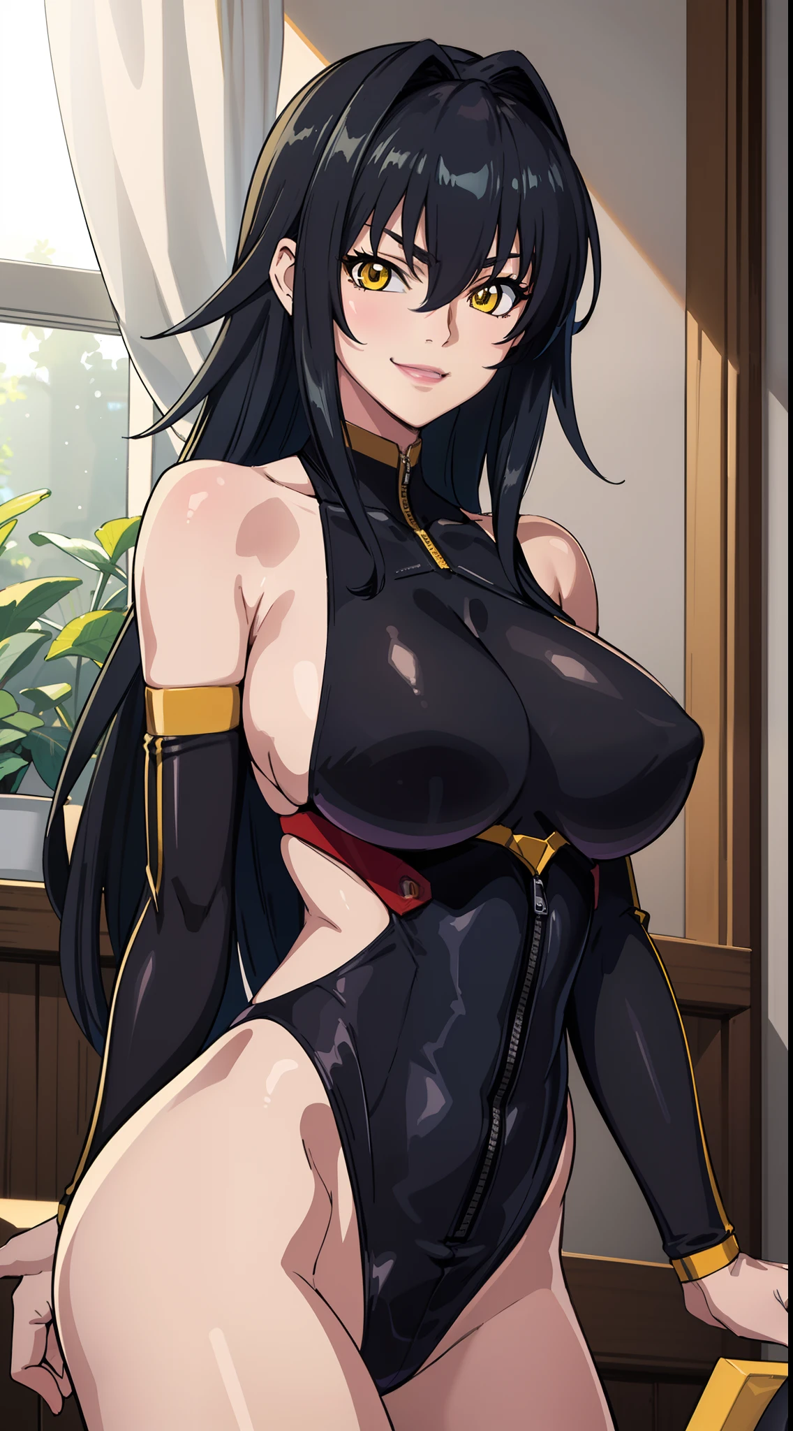 professional artwork, Intricate Details, field of view, sharp focus, detailed painting, photorealistic lighting, trending on pixiv,(masterpiece:1.0),(best_quality:1.0), ultra high res, ultra-detailed, photography, 8K, HDR, highres, absurdres:1.2, Kodak portra 400, film grain, sharp focus, bokeh:1.2, lens flare, (vibrant_color:1.2), (((indoors, dark night district))), Annerose, 1girl, female , black hair, long hair, (yellow eyes), large breastsuit, higheels, skin tight, hair intakes, (solo:1.4), (upper body, half body shot, covered breasts, side, cheerful smi