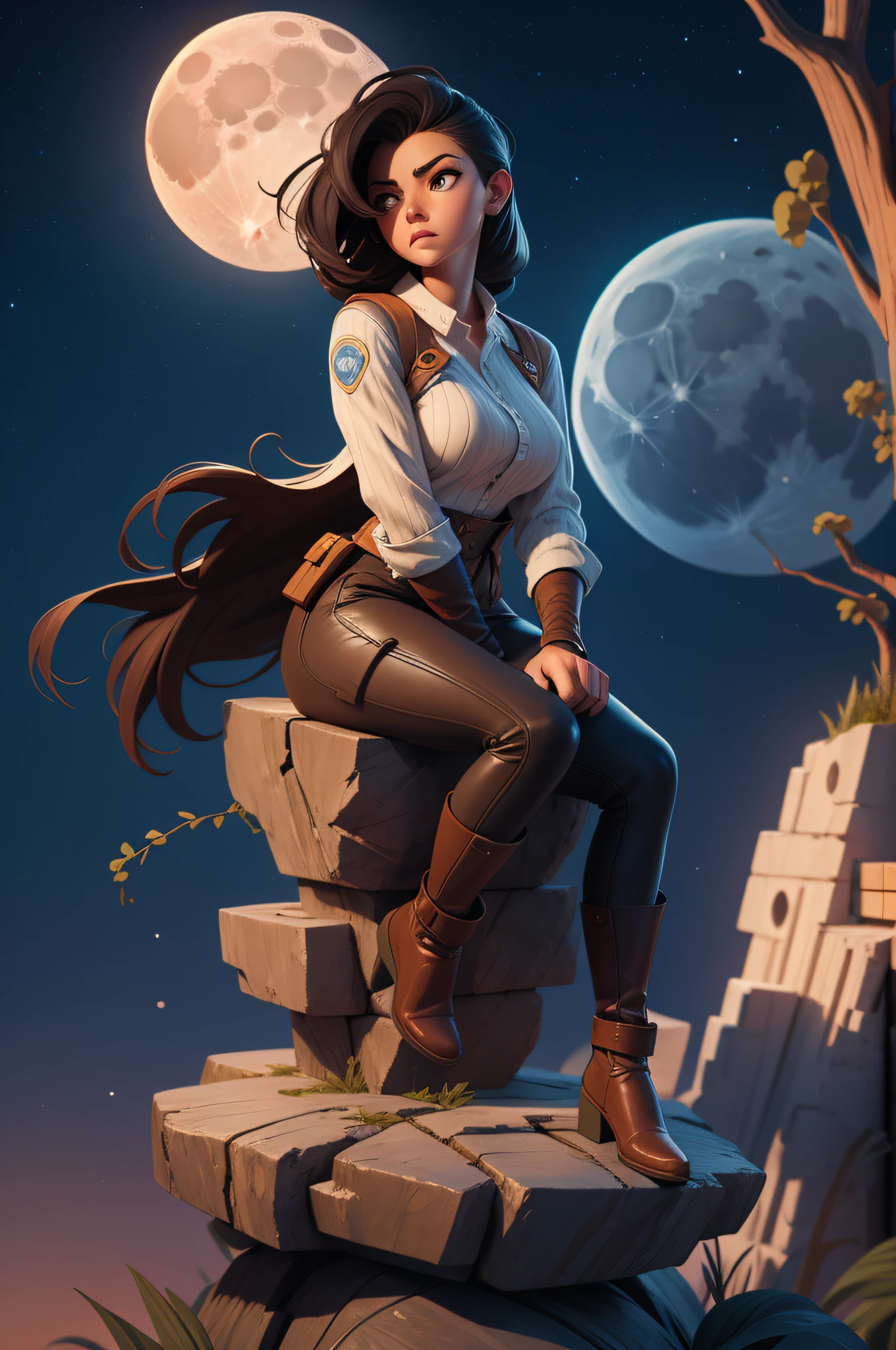 Blend of comic book art and lineart in full natural colors , a woman sitting on the edge near the moon , looking at the moon , with handsome man
