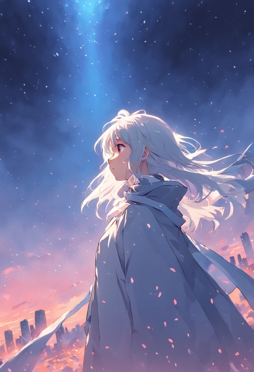 In the blue sky,A young girl in a white cloak,Has beautiful gray hair。