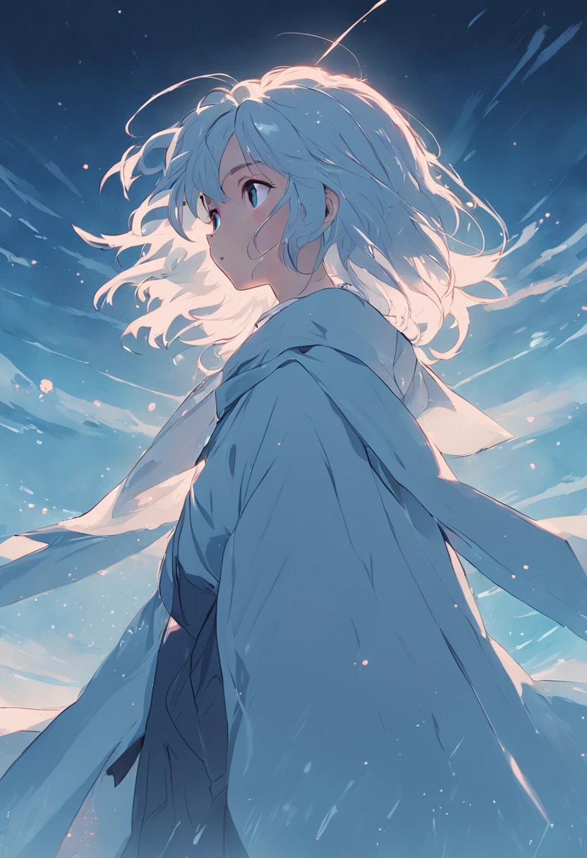 In the blue sky,A young girl in a white cloak,Has beautiful gray hair。
