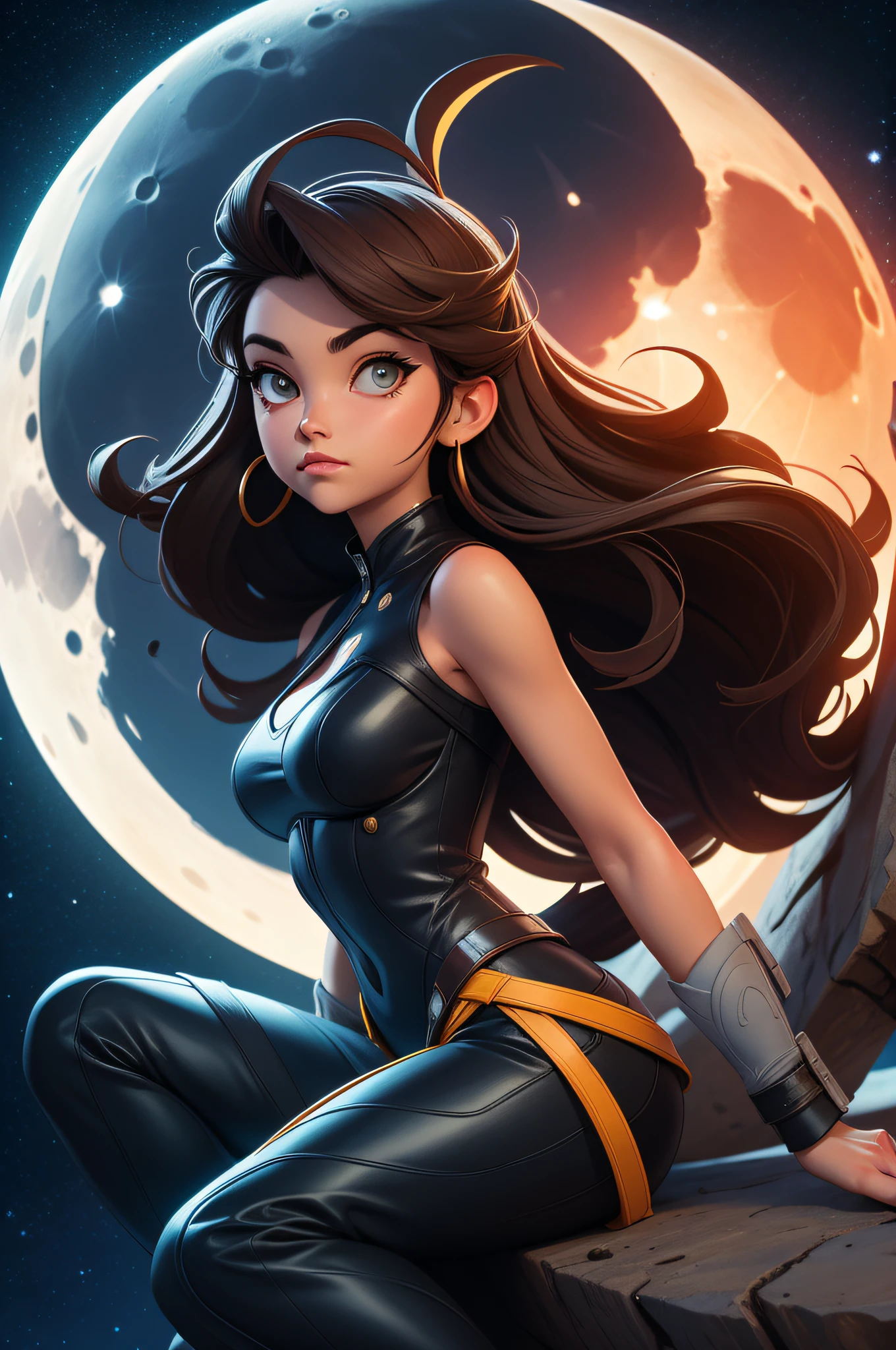 Blend of comic book art and lineart in full natural colors , a woman sitting on the edge near the moon , looking at the moon , with handsome man