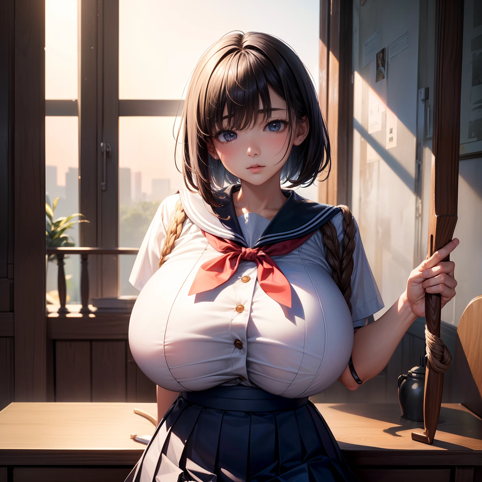 ​masterpiece、超A high resolution、(Photorealsitic:1.4)、Raw photo、独奏、hi-school girl、JK、pupils、a sailor suit、校服、skirt by the、A dark-haired、short-hair、glowy skin、Dramatic Writing、full bodyesbian、Plump、Whip whip、Huge、huge-breasted、(top-quality, ​masterpiece:1.2), (huge-breasted:1.6), Long breasts, (hanging breasted: 1.6), (absurderes:1.2), (真实感:1.2)、Huge ass、thick thighs、long legged、beautidful eyes、Powerful eyes、seduces、Modern School、inside in room、the setting sun、evening、early evening