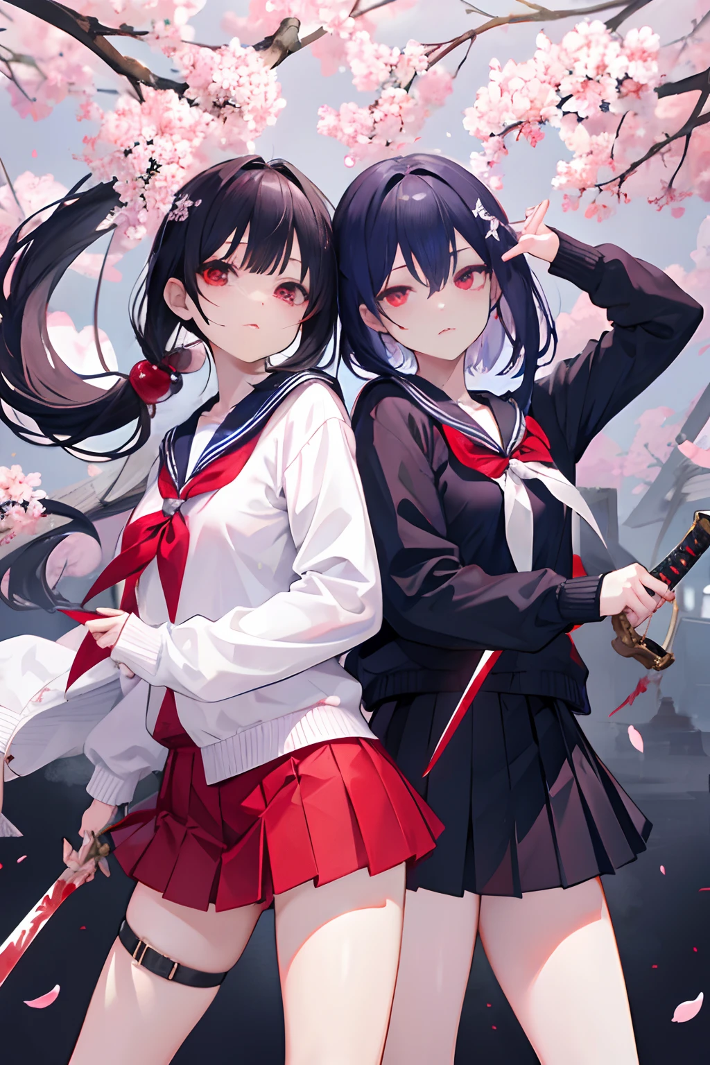 2girls、nightcity、Weapons with blood on them、Great body、Great legs、Sailor suit with blood on it、Wearing a cardigan、A dark-haired、Sword、Holding a weapon with blood on it、Cherry blossoms are dancing、poneyTail、Ordinary girl、The actions of two people who fight、a cool、It's battered