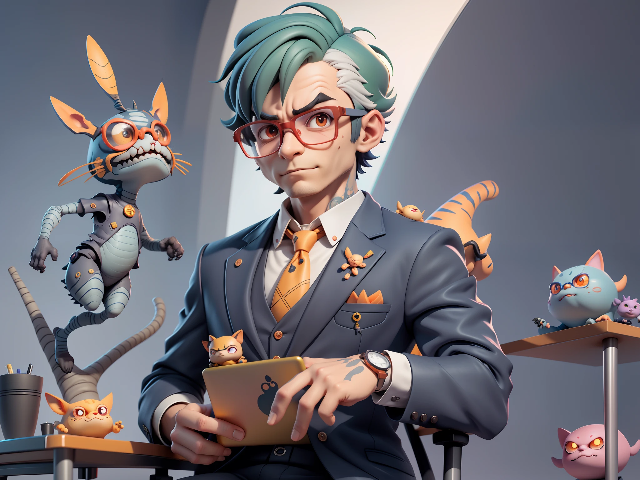 A young man in a suit, Short hair and glasses sat at his desk,holding laptop,digitial painting,tigre,3D character design by Mark Clairen and Pixar and Hayao Miyazaki and Akira Toriyama,4K HD illustration,Very detailed facial features and cartoon-style visuals。