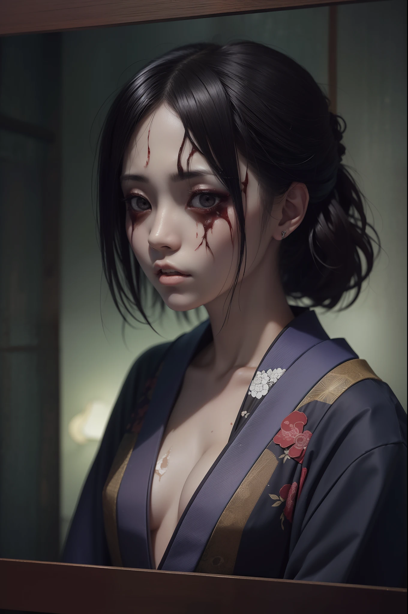 (japanese horror:1.5), Woman with dark hair, Angry eyes, Kimono, disheveled hair, pale skin,Traditional Japan houses, Ruins:1.3,Candlelight only,Coarse grain, Melted face, rotting skin, darkness,The Darkness (Film grain:1.3, 8K, awardwinning, Best Quality), hight resolution, Super Detail, high details, Anatomically correct, nffsw, (masutepiece:1.3)