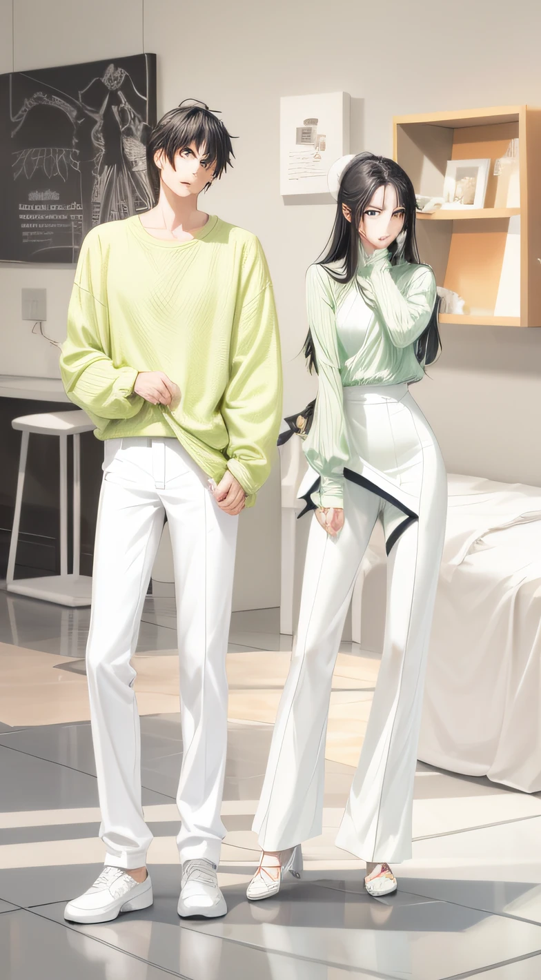 Anime illustration of man and woman standing in the room, dressed with long fluent clothes, full bodyesbian;, Full body illustration, Green clothes, inspired by jeonseok lee, dressed with fluent clothes, webcomic, full body detailing, 8K)), in the art style of bowater, couple, !!Full body portrait!!, full-body xianxia, couple pose
