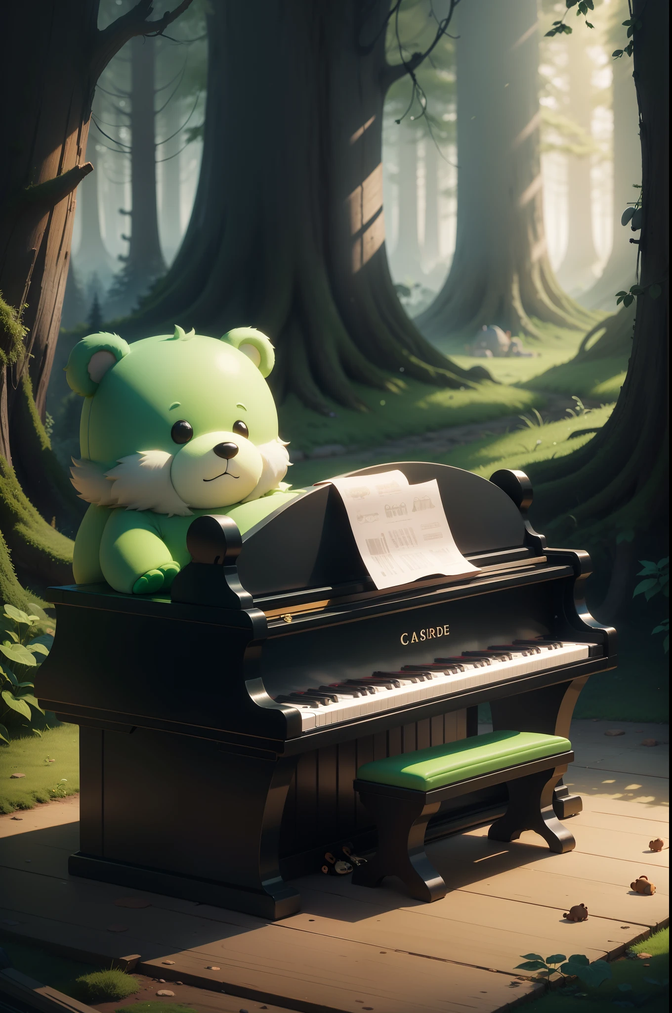 Cute cartoon bear forest, pianos, Cartoony, A high resolution, Fluorescence, Blind box toy style，large scene，The main body ratio is 30%