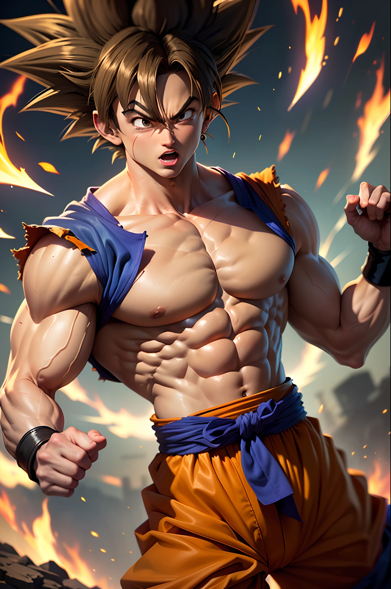 Goku seguindo um suntrack fall, detalhista e em instinto superior 8k