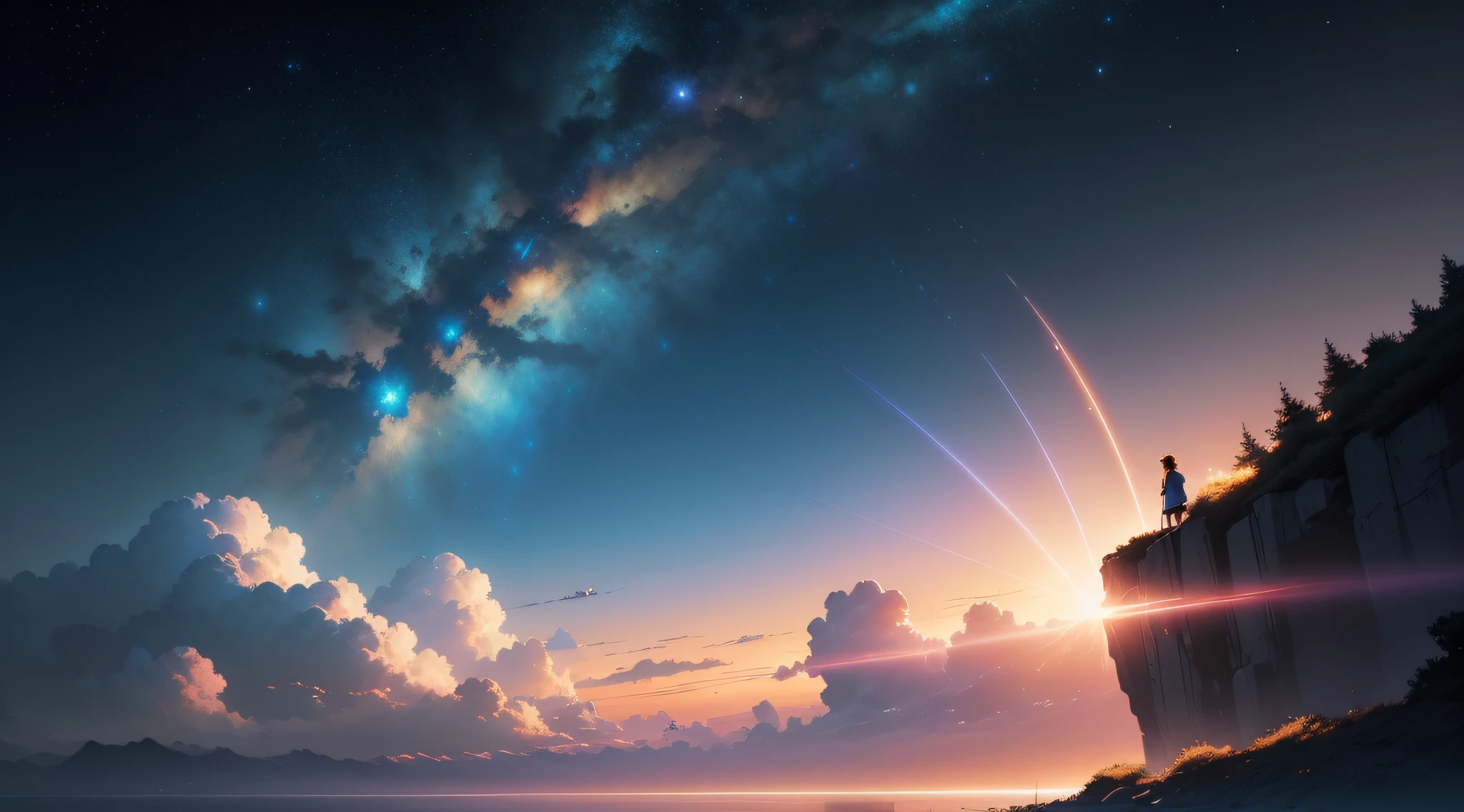 Makoto Shinkai's concept art,tumblr,magic realism,beautiful anime scenes,Cosmos Sky。 by makoto shinkai, ( ( makoto shinkai ) ), Anime background art, anime backgrounds, Makoto Shinkai's style, anime movie backgrounds, the milky way express,without humans。