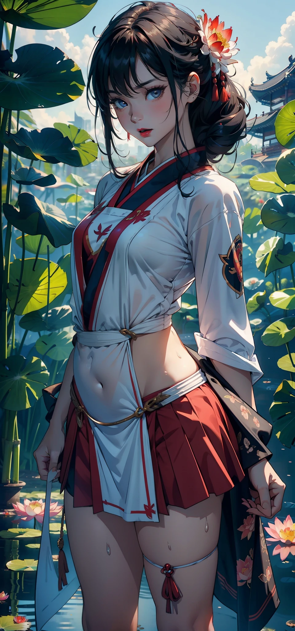 1female,45 yers old,Married Woman,熟妇,plumw,extremely large bosom, 独奏,(Background with:ponds,Cherry blossom forest,rainforests,lotus flower)Lie underwater, She has short hair,seen from the front,, mostly cloudy sky,(((tmasterpiece),(Very detailed CG unity 8K wallpaper),best qualtiy,cinmatic lighting,detailed back ground,beatiful detailed eyes,Bright pupils,Black eyes,Snow-whiteskin,Redlip(Very fine and beautiful),(Beautiful and detailed eye description),ultra - detailed,tmasterpiece,))facing at camera,A high resolution,ultra - detailed),revealing breasts,Bare genitalia, Bulge,legs are open,Raised sexy,Camel toes,Desire for dissatisfaction,frontage,(Wearing:sailor uniformm,Sailor's cap,Red transparent Hanfu,Red transparent apron,Bare ,white stockings)