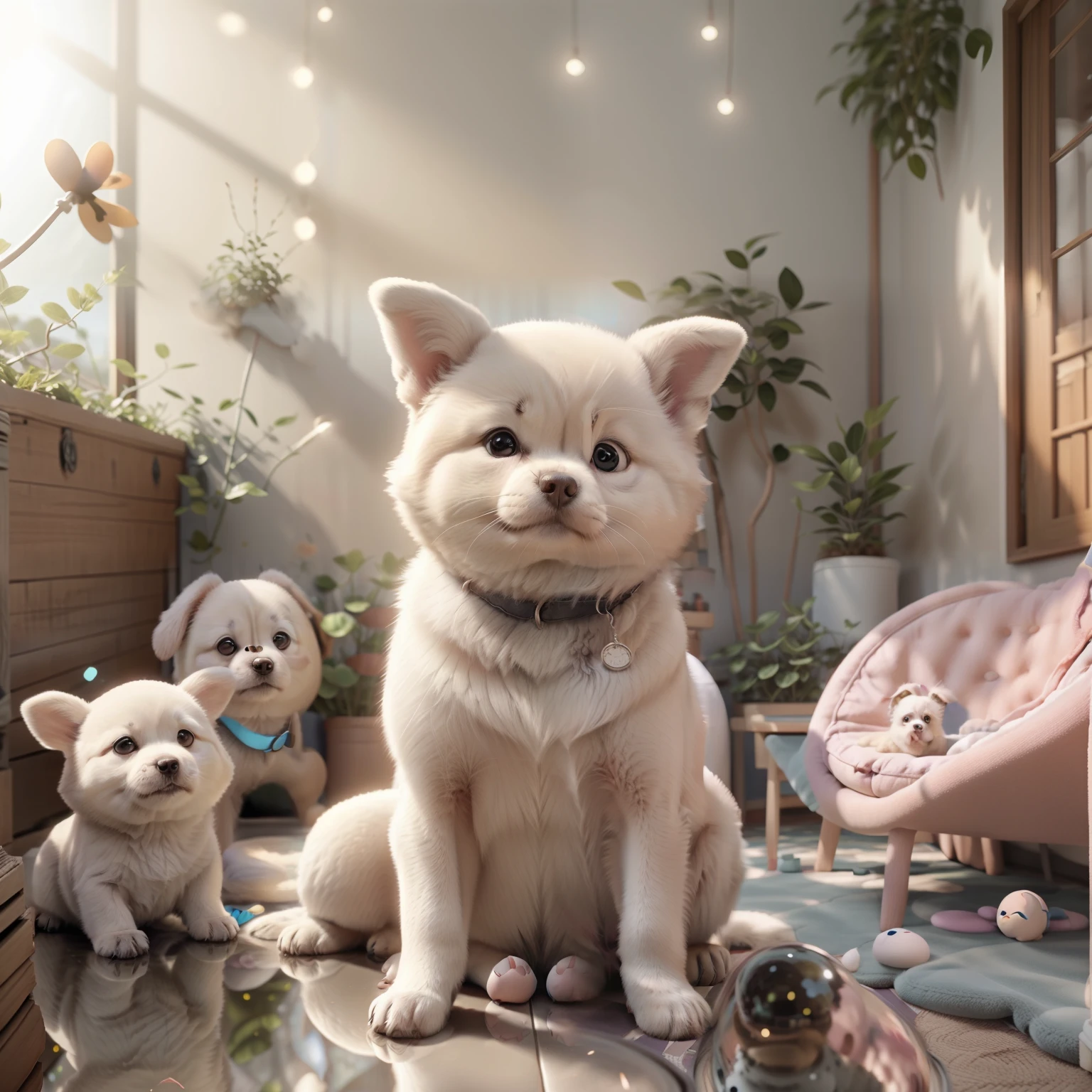 3d flufly , Realistic adult Samoyede, Faire une pose de chien, mignon et adorable, cute big circular reflective eyes, Rendu Pixar, Unreal Engine Cinematic Smooth, intricate high detail, cinematic, dans le jardin