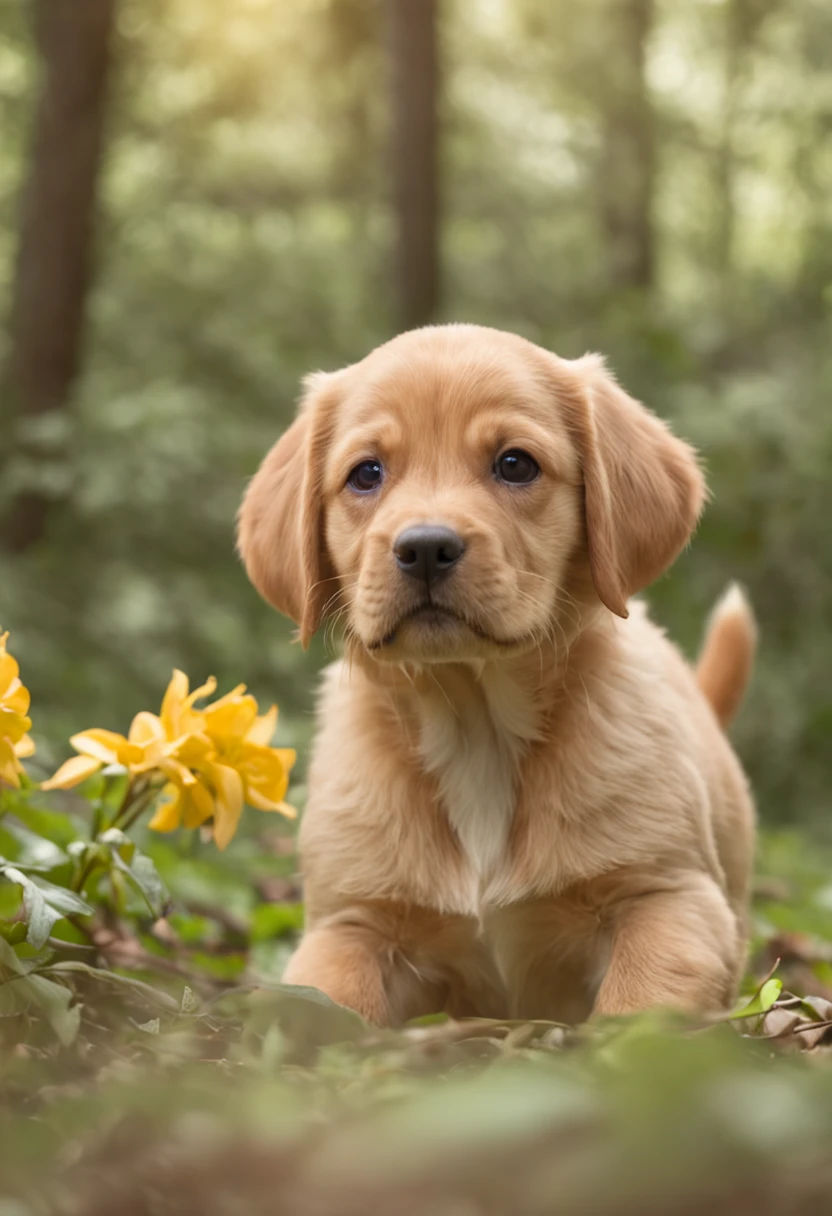 lindo cachorro dourado pulando alegre em uma floresta, fotografia ultra realista, floresta colorida, multicolorido, resliamo epico, fotografia com grande ondular, 8k, detalhes dos pelos, detalhes ultra realistas