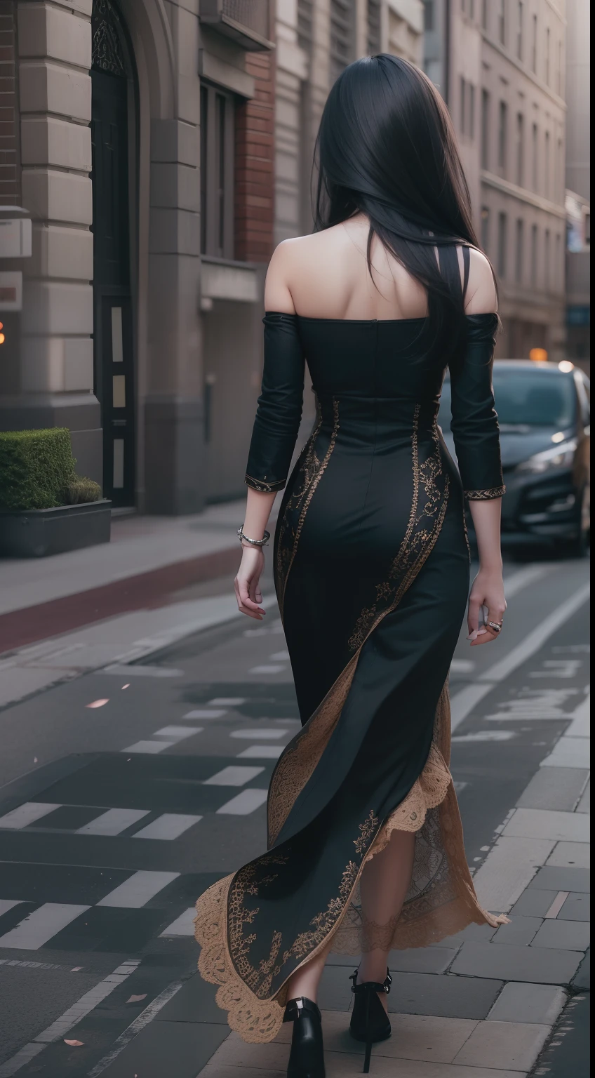 Woman with long black hair walking down the city street, realistic art style, Guviz-style artwork, style of surrealism, Photorealistic art style, art of photography, Photorealistic detail and light and shadow，super detailing，8K