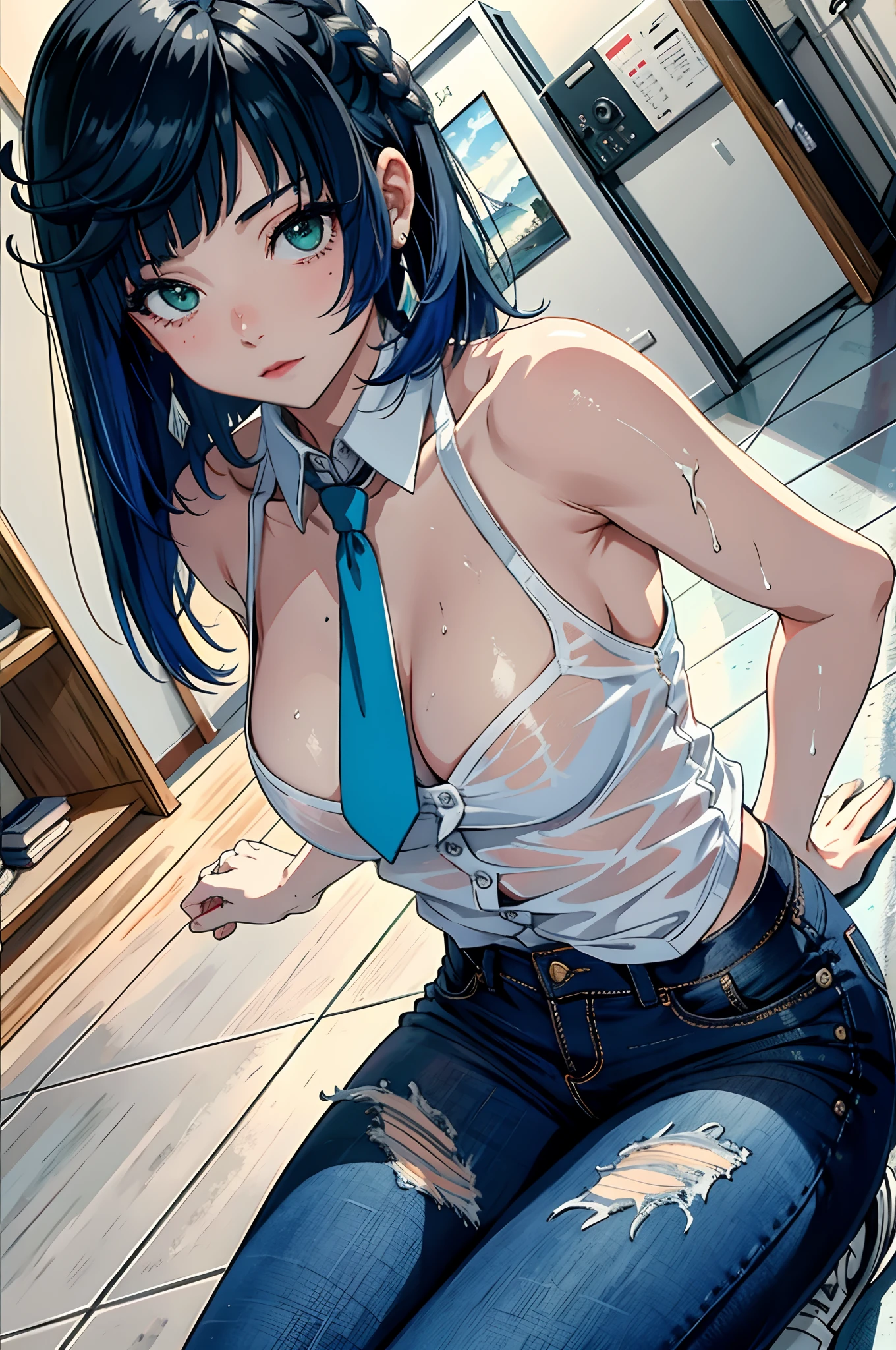 Best picture quality,tmasterpiece,超高分辨率,(Fidelity:1.4),photore,1girll,,white shirt,worn jeans,White sneakers,Pale green eyeballs,eyeslashes,beautiful pupil,eye shadows,Light blush,Delicate facial features,Reasonable facial features,(torn laundry:1.5),(wetclothes:1.4),Chest patch,exposed bare shoulders,Real rain,Wet hair
