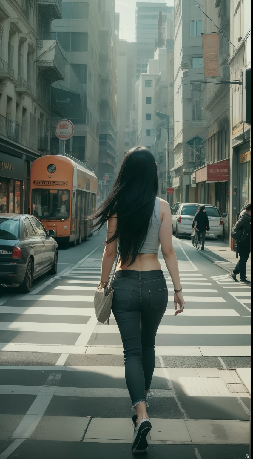 Woman with long black hair walking down the city street, realistic art style, Guviz-style artwork, style of surrealism, Photorealistic art style, art of photography, Photorealistic detail and light and shadow,super detailing,8K