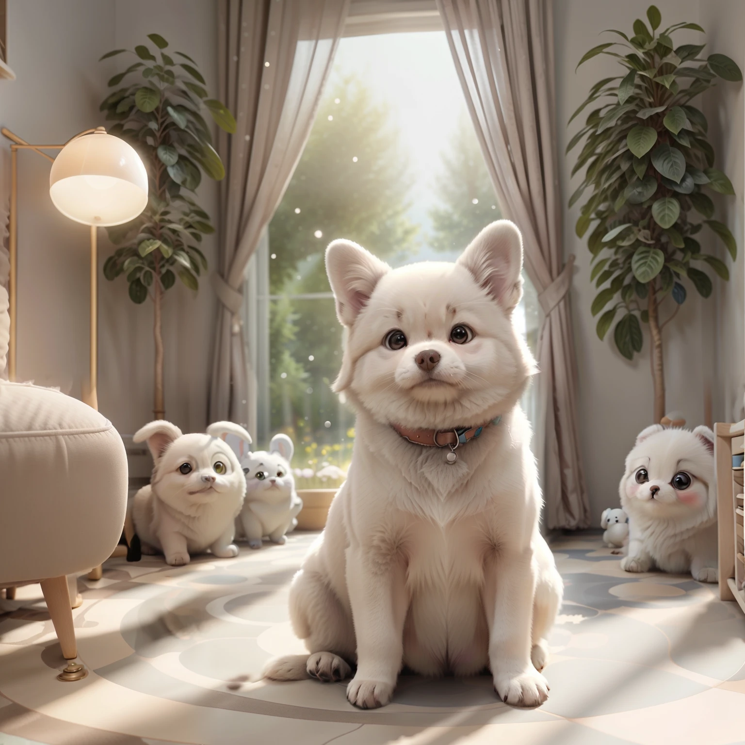 3d flufly , Realistic adult Samoyede, Faire une pose de chien, mignon et adorable, cute big circular reflective eyes, Rendu Pixar, Unreal Engine Cinematic Smooth, intricate high detail, cinematic, dans le jardin