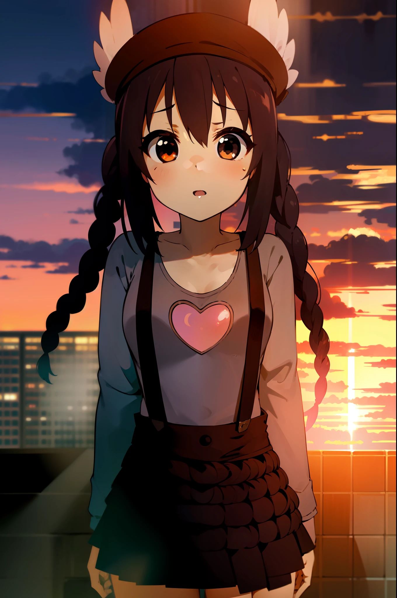 1girl, (((​masterpiece))), top-quality, top-quality, High Details, nakano azusa, 1girl, Twin-tailed, length hair, A dark-haired, brown-eyed, Gray T-shirt.suspenders.a black skirt.illustratio, comic strip, soothing tones, Subdued Color, Soft cinematic light, adobe lightroom, photolab, HDR, intricately and hyper-detailed、(((depth of fields))))。(((​masterpiece)))。(((top-quality))).)((ultra-detailliert)))。(((illustratio)))。(((takeout))).dynamic focus.Medium chest.(((Skyscrapers))).(((A city scape))).(((Straight face))).(((up chest))).((evening glow)).((the setting sun)).(((Heart on chest))).Feathered hat.Opening Mouth.