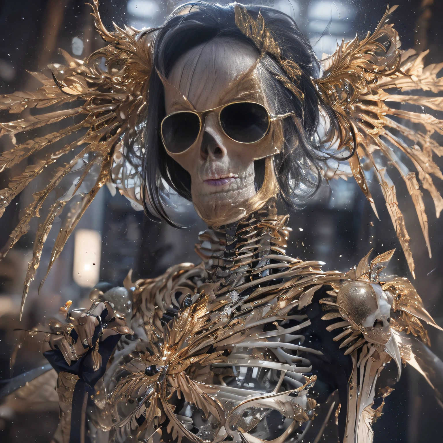 baton,Transparent wings,Magic wand,Wear thick gold-framed reflective sunglasses,32K(tmasterpiece,k hd,hyper HD,32K)Burgundy double ponytail,The Silver Skull Jewelry District in the backstreets,Indigo Skull King ,Skeleton protector (The skeleton is realistic:1.4),Skull pattern robe,Silver skull flower ornaments,Petals flutter,Colored ball head,Hold your head high,Be proud,The nostrils look at people, A high resolution, the detail, RAW photogr, Sharp Re, Nikon D850 Film Stock Photo by Jefferies Lee 4 Kodak Portra 400 Camera F1.6 shots, Rich colors, ultra-realistic vivid textures, Dramatic lighting, Unreal Engine Art Station Trend, cinestir 800,Hold your head high,Be proud,The nostrils look at people,Tsundere,Petals flutter,Petals flutter,Sprinkle with gold dust,Fluttering,Impeccable,( reasonable design, Clear lines, High sharpness,Best quality, Very detailed skeleton, The skeleton of a masterpiece, offcial art, movie light effect, 4K skeleton(((Wear thick gold-framed reflective sunglasses)))Transparent wings,(baton)(Baton in hand)(Giant stick)baton,
