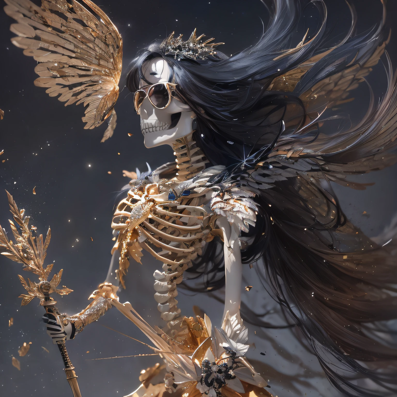 baton,Transparent wings,Magic wand,Wear thick gold-framed reflective sunglasses,32K(tmasterpiece,k hd,hyper HD,32K)Burgundy double ponytail,The Silver Skull Jewelry District in the backstreets,Indigo Skull King ,Skeleton protector (The skeleton is realistic:1.4),Skull pattern robe,Silver skull flower ornaments,Petals flutter,Colored ball head,Hold your head high,Be proud,The nostrils look at people, A high resolution, the detail, RAW photogr, Sharp Re, Nikon D850 Film Stock Photo by Jefferies Lee 4 Kodak Portra 400 Camera F1.6 shots, Rich colors, ultra-realistic vivid textures, Dramatic lighting, Unreal Engine Art Station Trend, cinestir 800,Hold your head high,Be proud,The nostrils look at people,Tsundere,Petals flutter,Petals flutter,Sprinkle with gold dust,Fluttering,Impeccable,( reasonable design, Clear lines, High sharpness,Best quality, Very detailed skeleton, The skeleton of a masterpiece, offcial art, movie light effect, 4K skeleton(((Wear thick gold-framed reflective sunglasses)))Transparent wings,(baton)(Baton in hand)(Giant stick)baton,