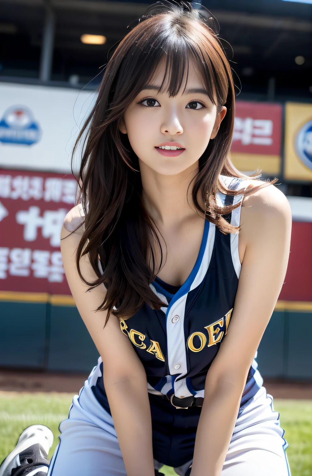17-year-old cool Korean, big round breasts, breastbone, cheerleader, baseball team cheerleader, mini-skirt, eyes with beautiful details, eyeslashes, beautiful double eyelids, eyeshadows, Slit eye, perfect eye makeup, seductive smile smugly, beautiful thin legs, Light blonde, bob cuts, pony-tail, various hairstyles, earings, Stand on the ballpark at night, squat down,  Spread your legs