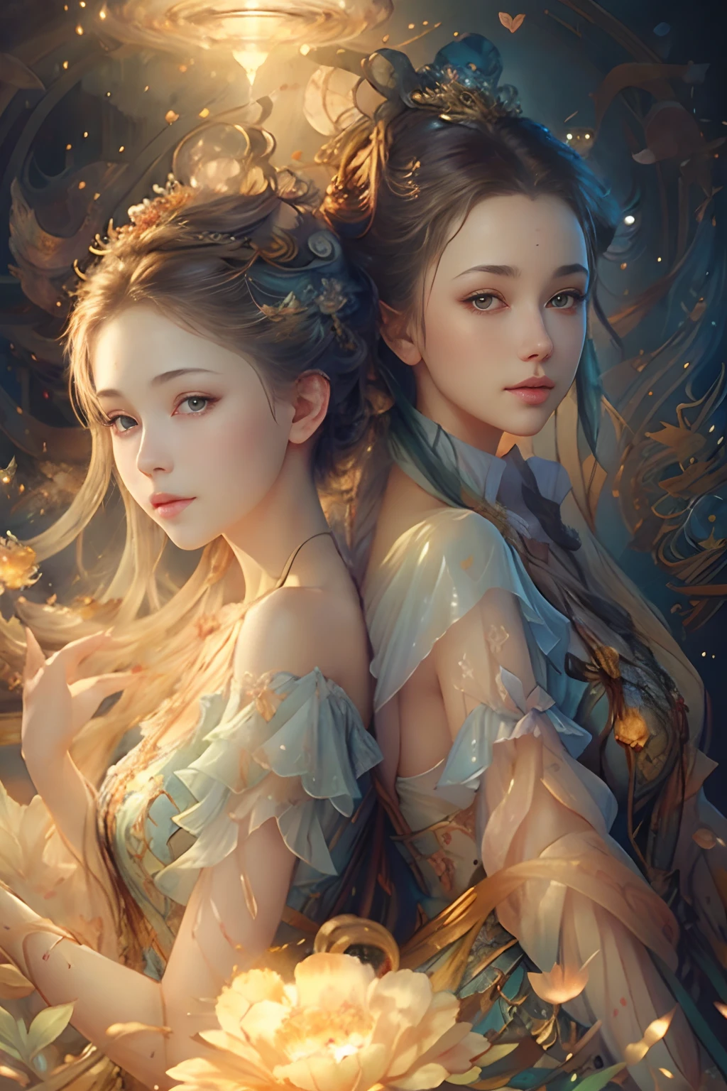 art by Vladimir Volegov,
Mother and daughter, ultra hd detailed painting beautiful faces and eyes, modern portrait,
digital art
, Jean-Baptiste Monge style, bright, beautiful , splash,
, Glittering , cute and adorable, filigree, , rim lighting, lights, extremely , magic, surreal, fantasy, digital art, , wlop, artgerm and james jean,