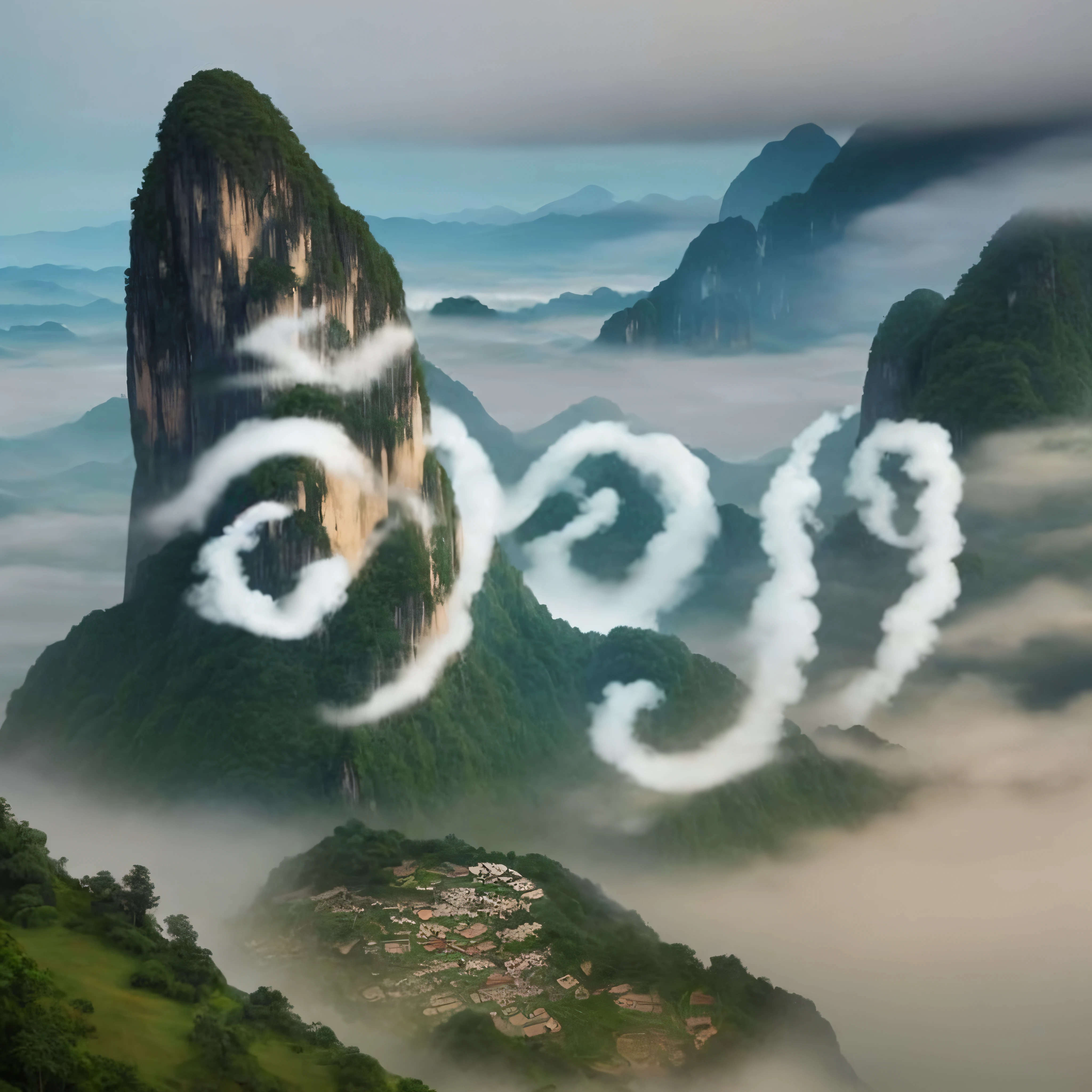 Araffes in the air with the word 2013 written in the clouds, Digital painting side, avatar landscape, relieve, lacquer painting illustration, Dojo on the mountain, 4k highly detailed digital art, Matte Digital Painting 4K HD, Fantasy Side Painting,kawaii, volumetric fog, Zhangjiajie in the early morning, Mobile wallpaper