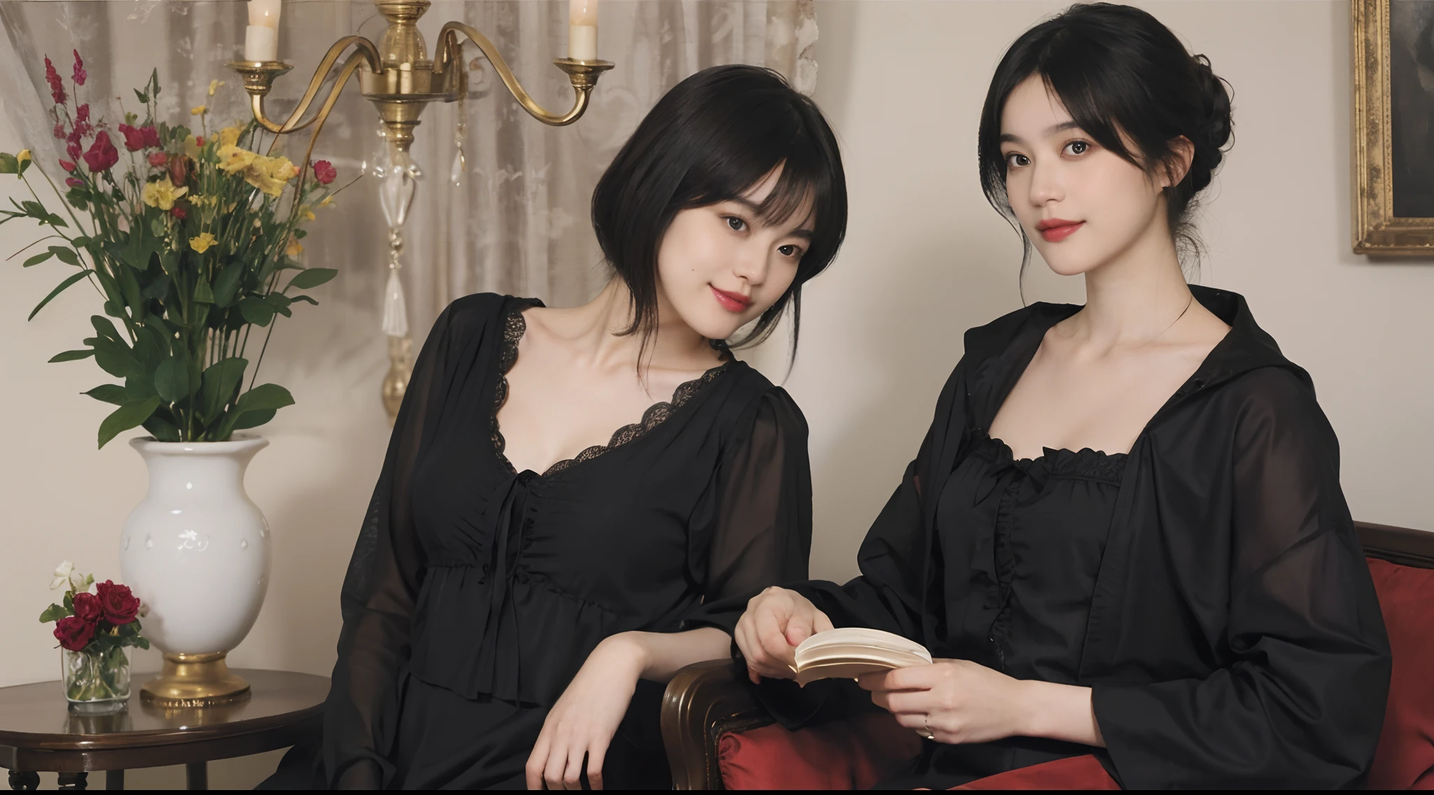 (Oil Painting: 1.5), \\ Woman with short black hair, ((Luxurious room)),  (Amy Saul: 0.248), (Stanley Agar Liu: 0.106), (detailed paintings: 0.353), (Gothic art: 0.106), vases, with floral pattern, (((A slight smil)))
