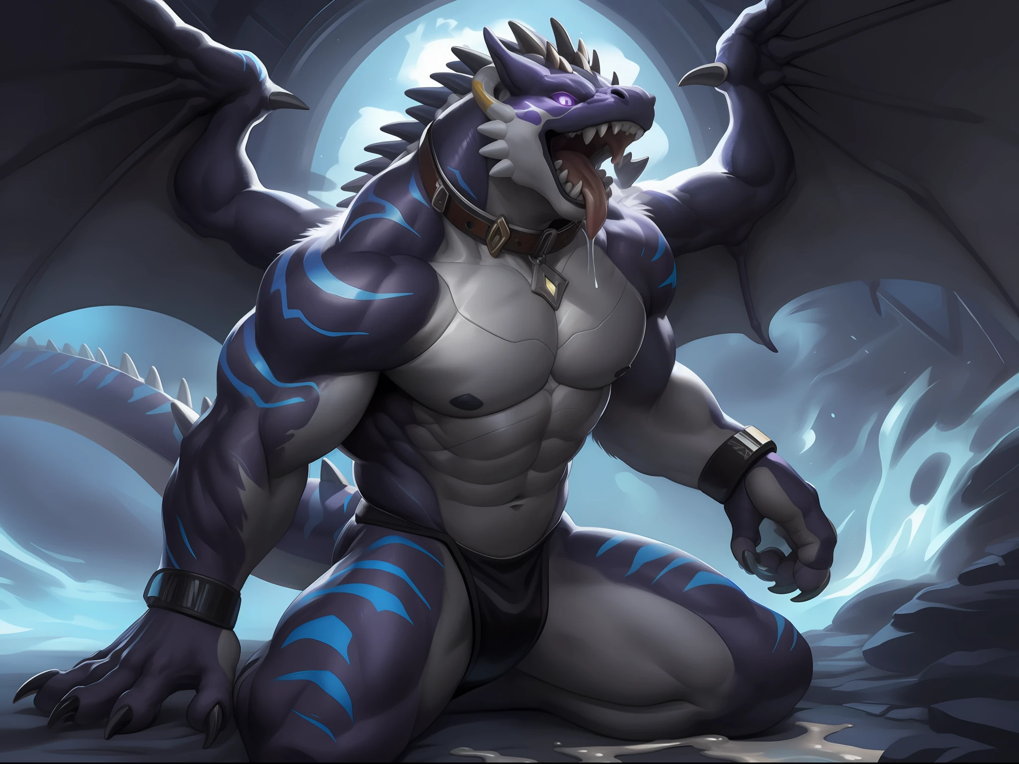 Solo, Male, (Muscular), sacrifices, (male anthro wolf):1.3, White flesh，nakeness，divinity，Numbered collar，High-quality experimental products，Kingly momentum，Evil God (Kamimei):1.3, (komono:1.4) (DOA):1.23, Detailed eyes, lizard tail,A pair of dragon horns, A pair of dragon wings，Lean body type，handcuff((Full body like)), (Detailed eyes, Purple eye，The skin of the abdomen is whitish，Black skin，Blue-purple gradient line，Sharp claws，Cute beast claws，glowing light eyes):1.1, (exteriors:1.35), inside in room，nigth，Futuristic style cultivation warehouse，Bright white light，Lie down in bed，Stick out her tongue，drools，Fluid spills from the lower body，Milk spilled all over the floor，Foot pedaling，haughty，disgust，Arrogant，unholy，Evil charm，Charm（Particle，blue glowing，Blue stripes glow）：1.3，detailedbackground，realisticlying，realistic hand，8k hdr，（，Wide dynamic range，hdr，low-light：1.2），author（pino daeni，（author：by ruaidri），author：virtyalfobo）