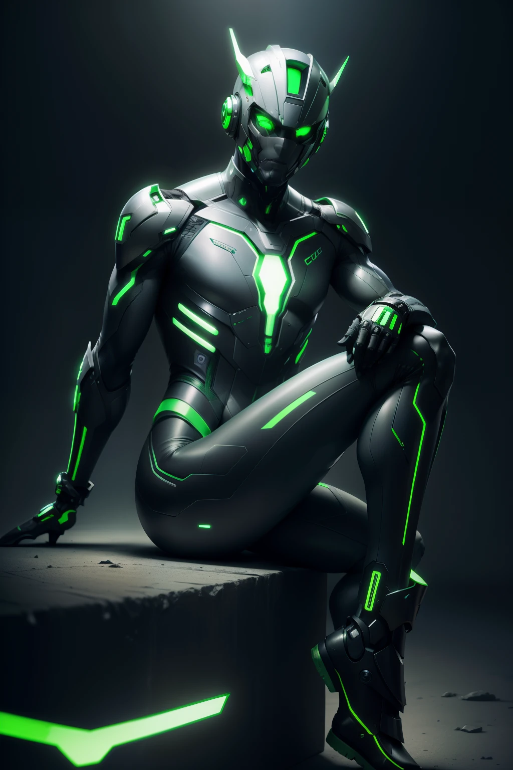 Portrait (1male people), (((Full body))), (Mechanical futuristic green and silver sci-fi bodyplug suit), (Mechanical Future Green Head Plug Mask), Realistic, sharp focus on breasts, Highly detailed, Convoluted, Photography, hyper realisitic, Dramatic Lighting, Sit facing right、Pitch black background